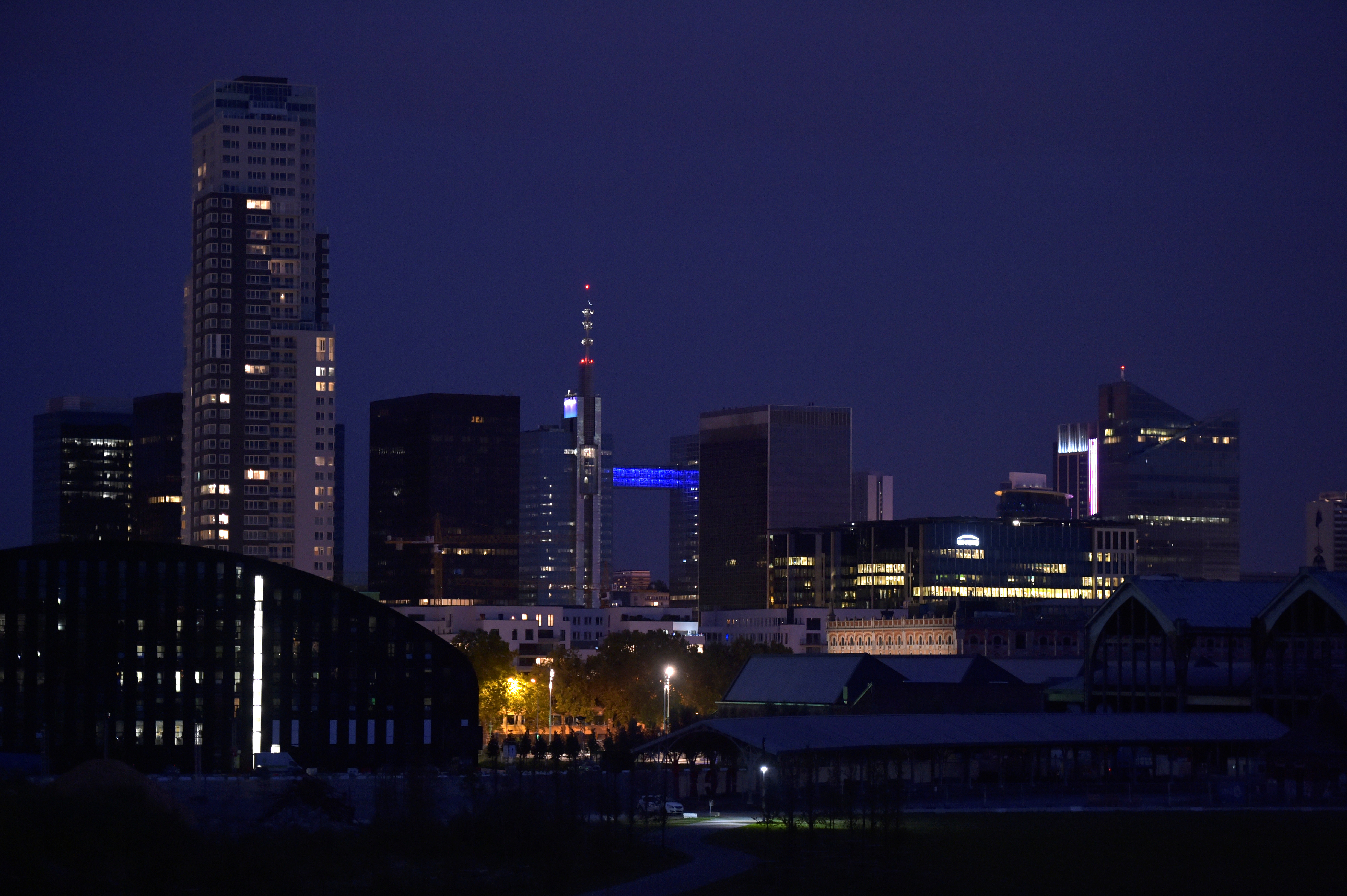 Night shot of illuminated city business district in Brussels