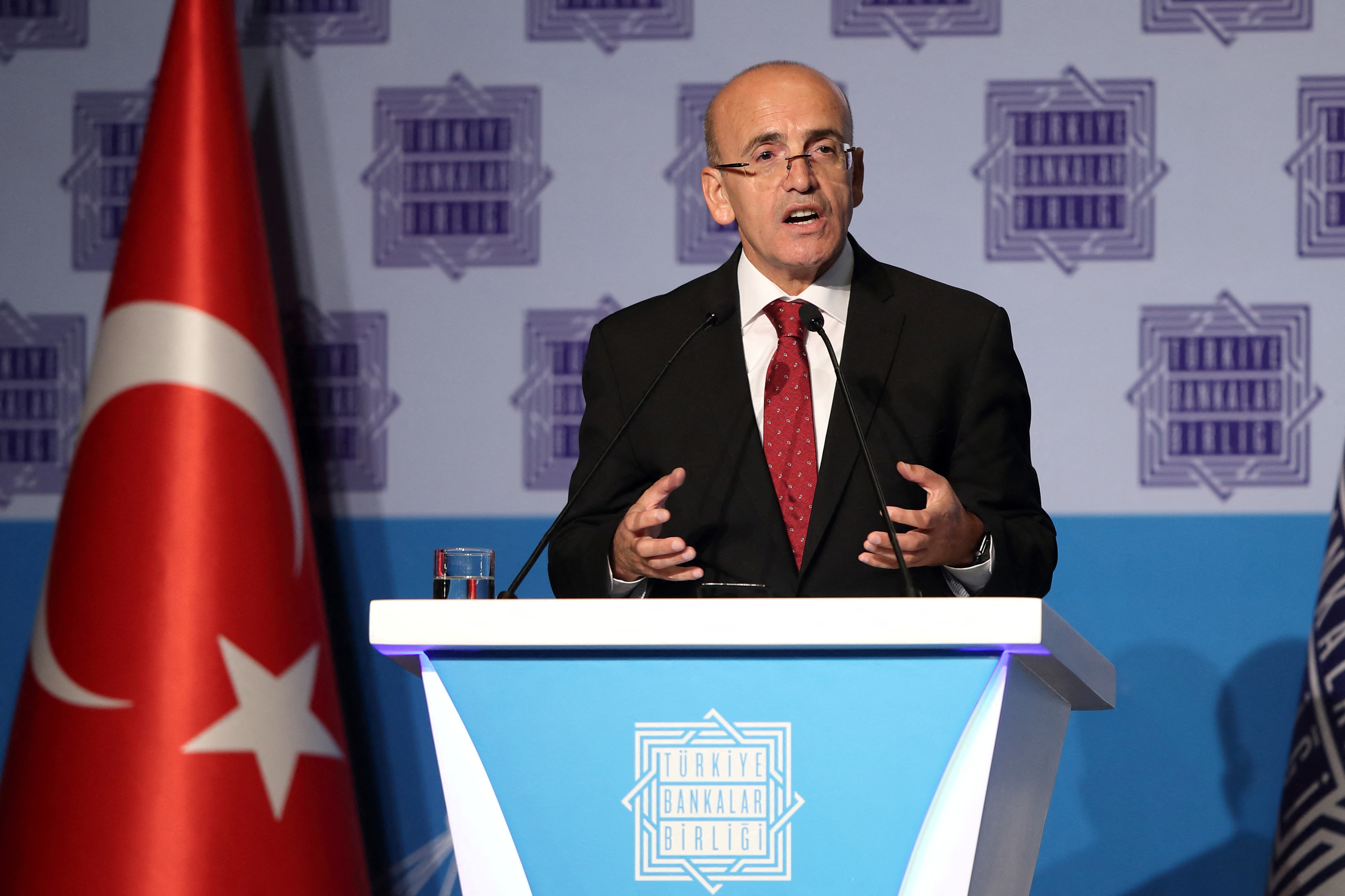 Turkey's Finance Minister Simsek speaks during the 66th General Assembly of Turkish Banks Association in Istanbul