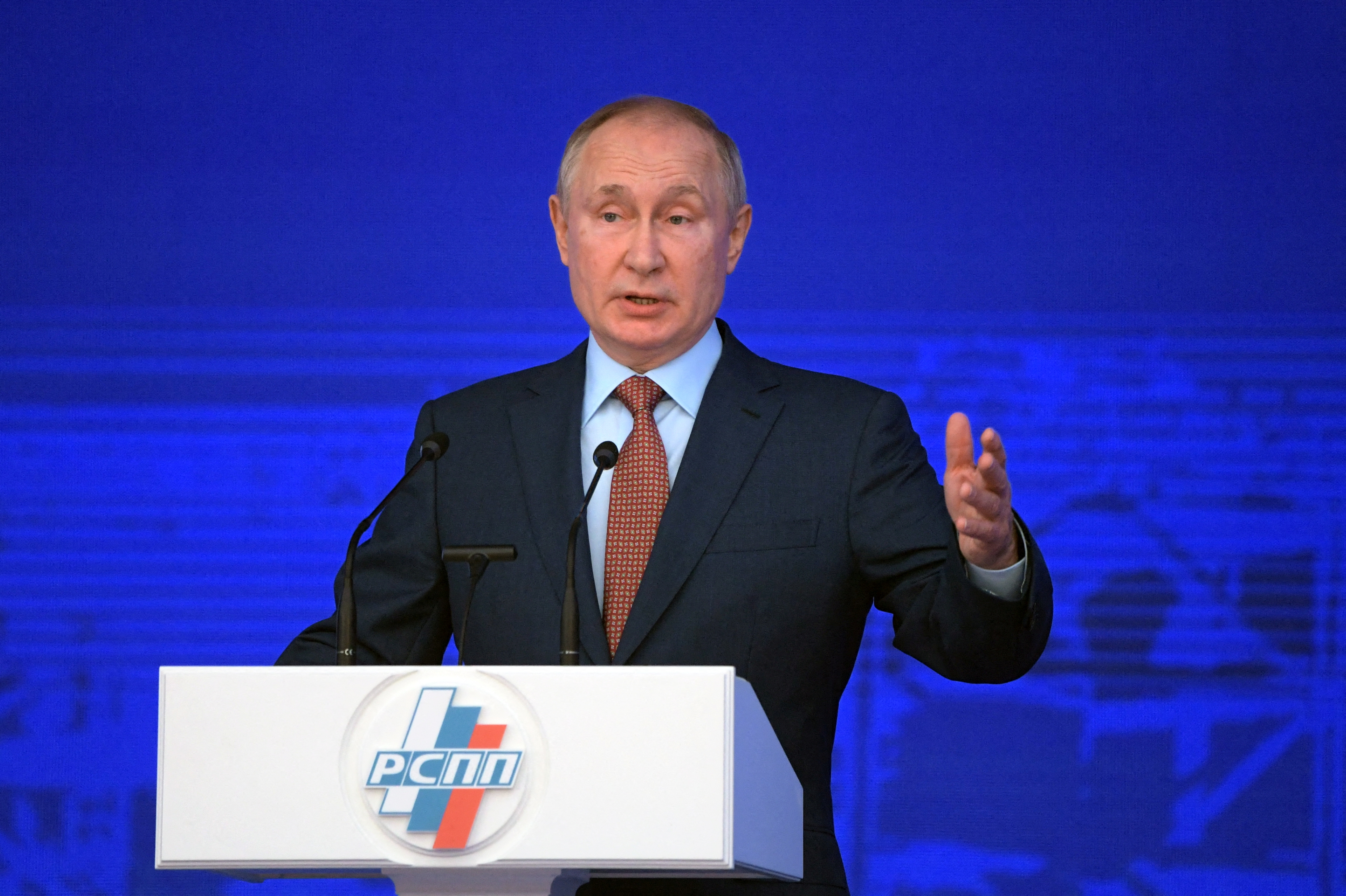 Russian President Vladimir Putin attends a convention of the Russian Union of Industrialists and Entrepreneurs (RSPP) in Moscow