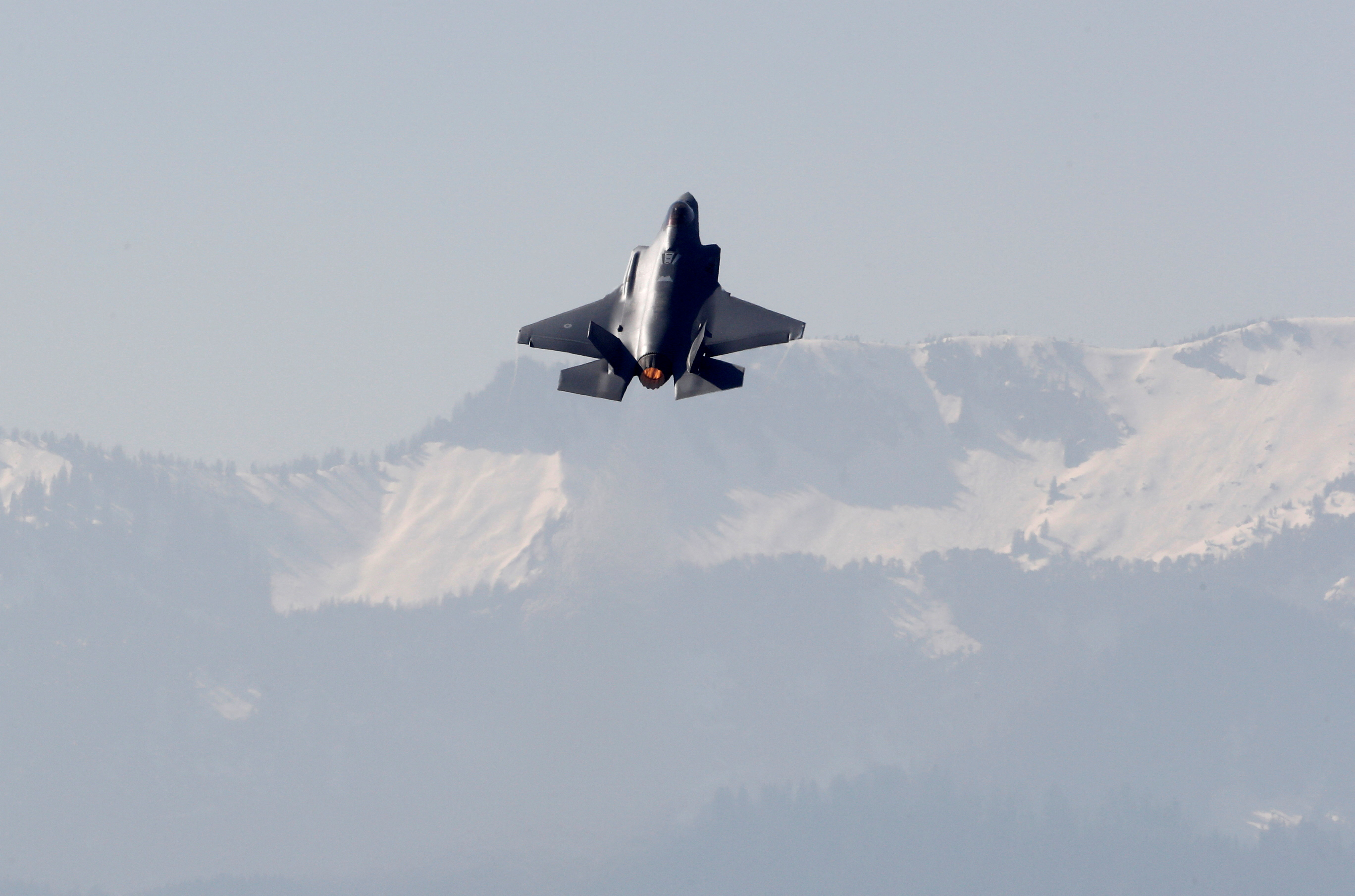 A F-35A fighter aircraft takes-off at the Swiss Air Force base in Emmen