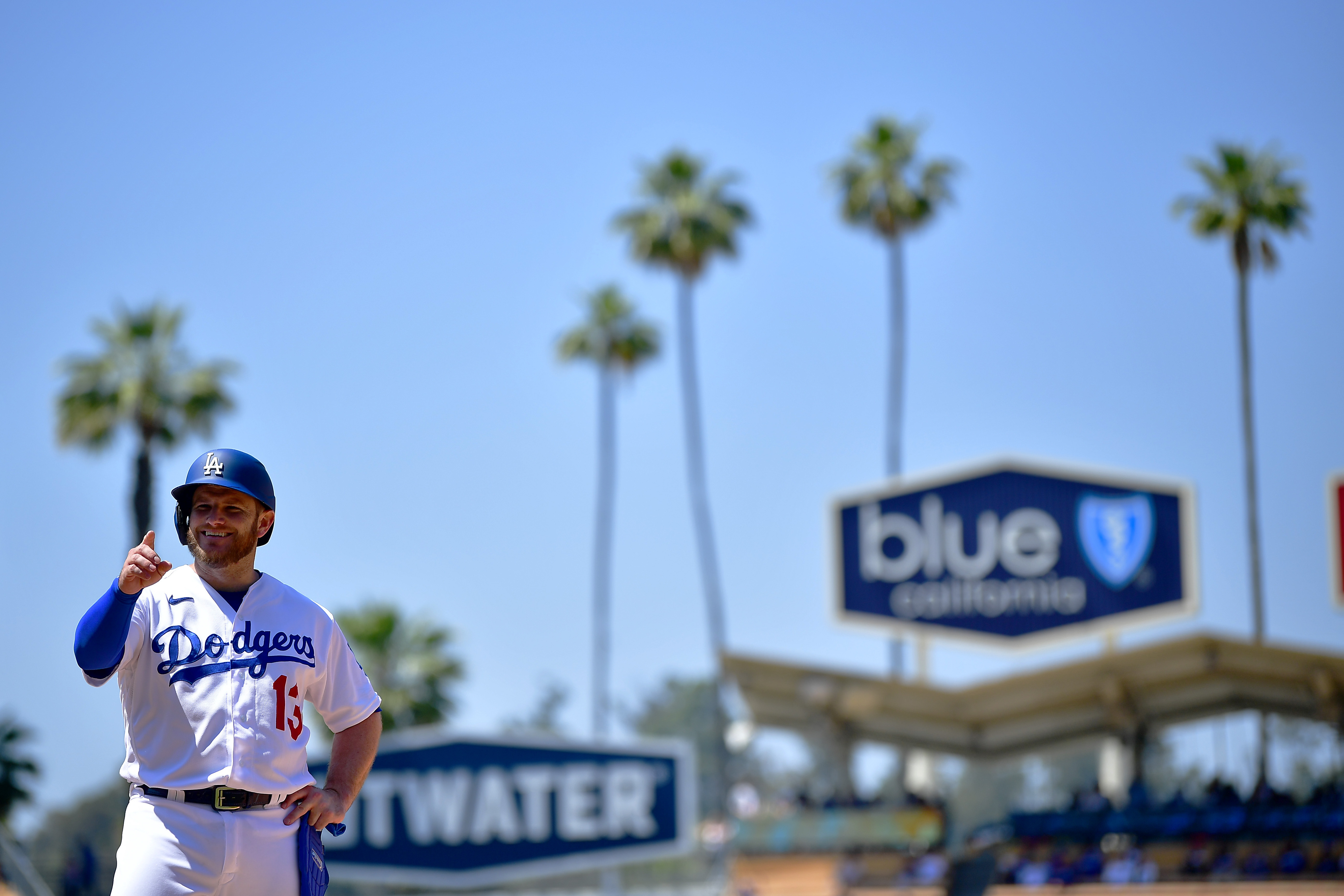 Victor Gonzalez of the Los Angeles Dodgers reacts to a Donovan