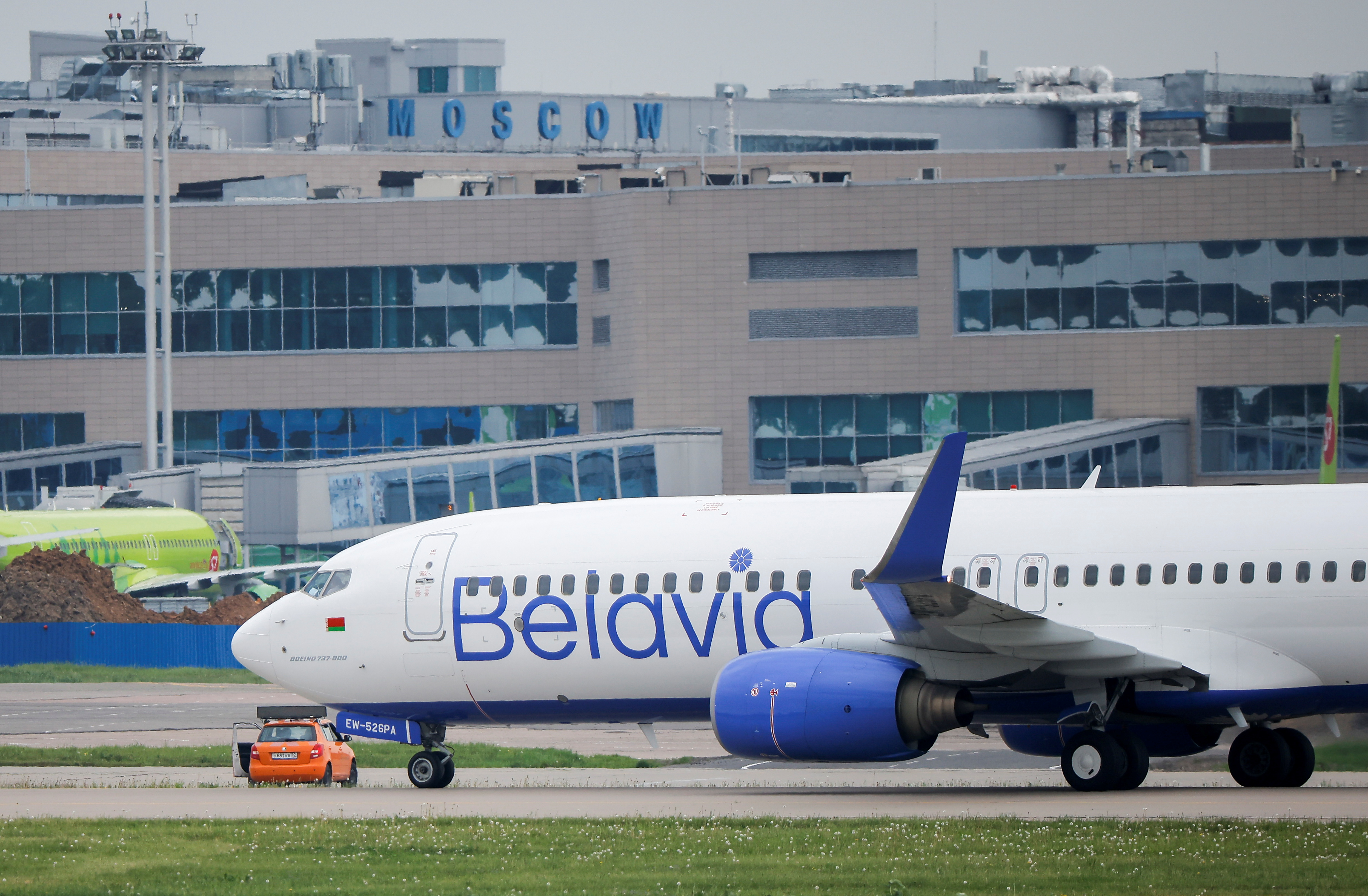 A Boeing 737-800 plane of Belarusian state carrier Belavia is seen at the Domodedovo Airport outside Moscow