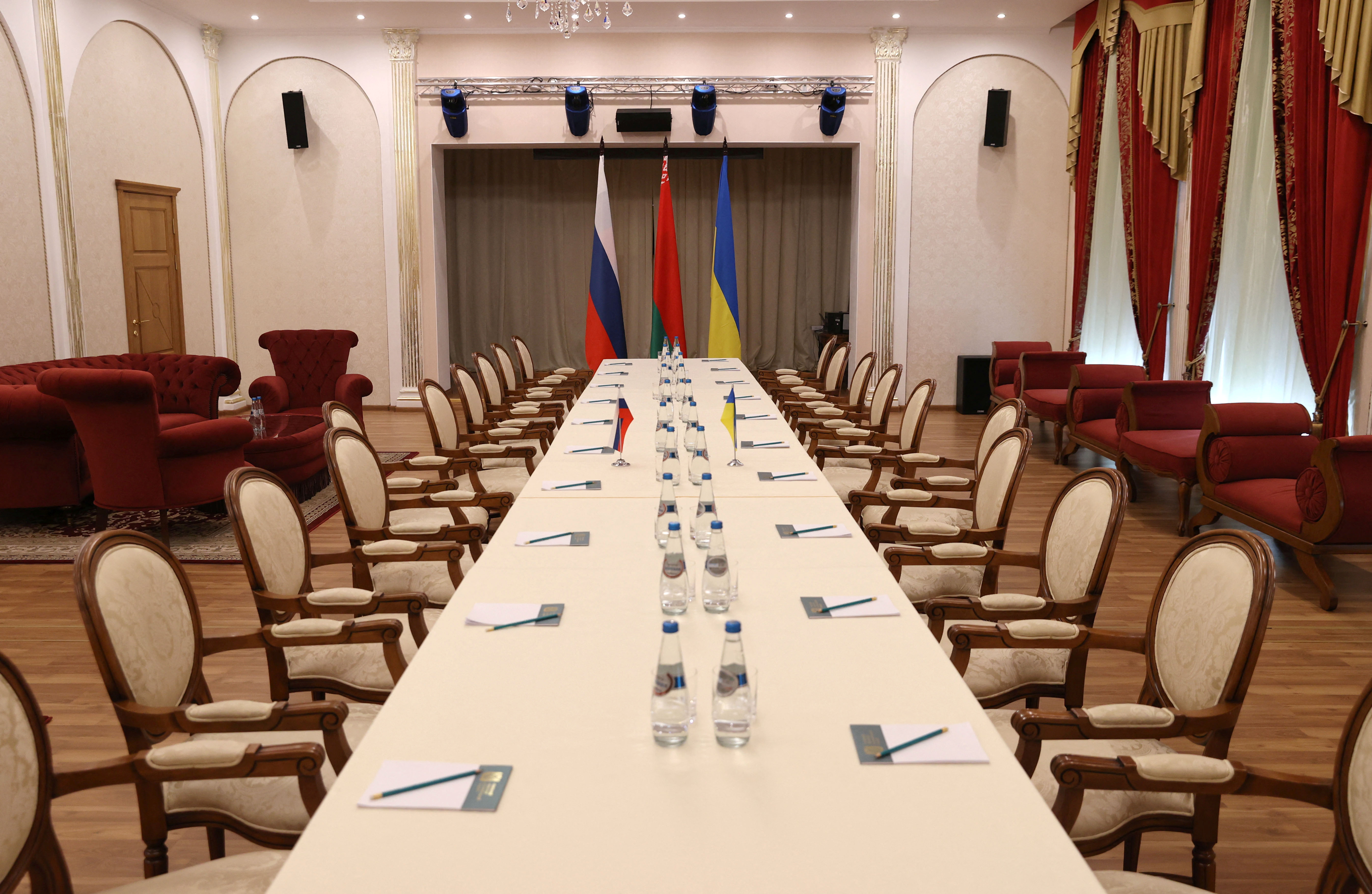 The venue of the forthcoming talks between Russian and Ukrainian delegations is seen, in Rumyantsev-Paskevich Residence in Gomel, Belarus February 28, 2022.  Sergei Kholodilin/BelTA/Handout via REUTERS 