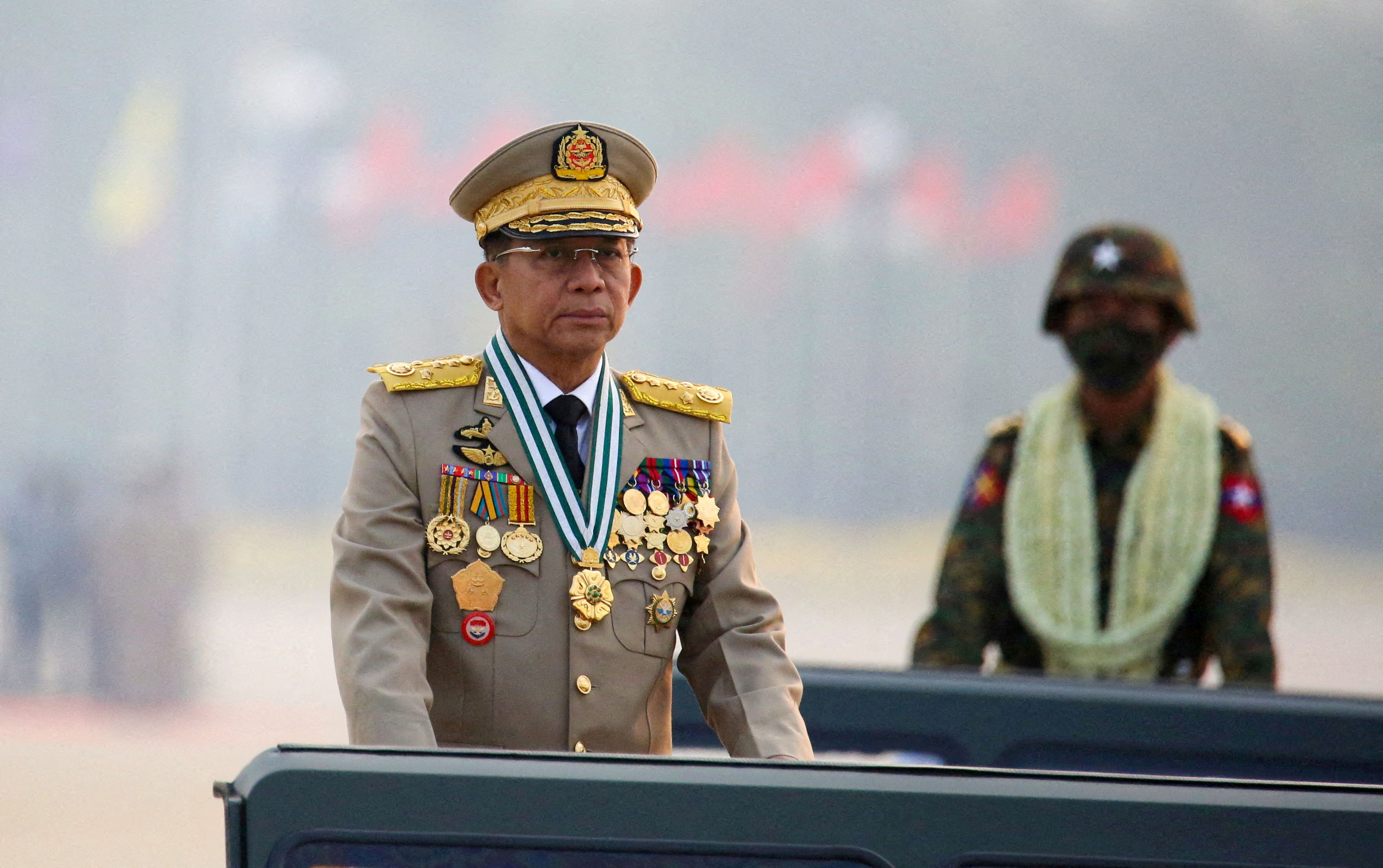 Myanmar's junta chief Senior General Min Aung Hlaing, who ousted the elected government in a coup on February 1, 2021, presides over an army parade on Armed Forces Day in Naypyitaw, Myanmar, March 27, 2021. REUTERS/Stringer/File Photo