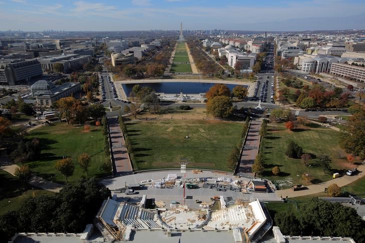 A general view of the National Mall is seen from the rebuilt cast-iron dome of the U.S. Capitol, which was formally completed on Tuesday on time for the inauguration of President-elect Donald Trump during a media tour in Washington, U.S.