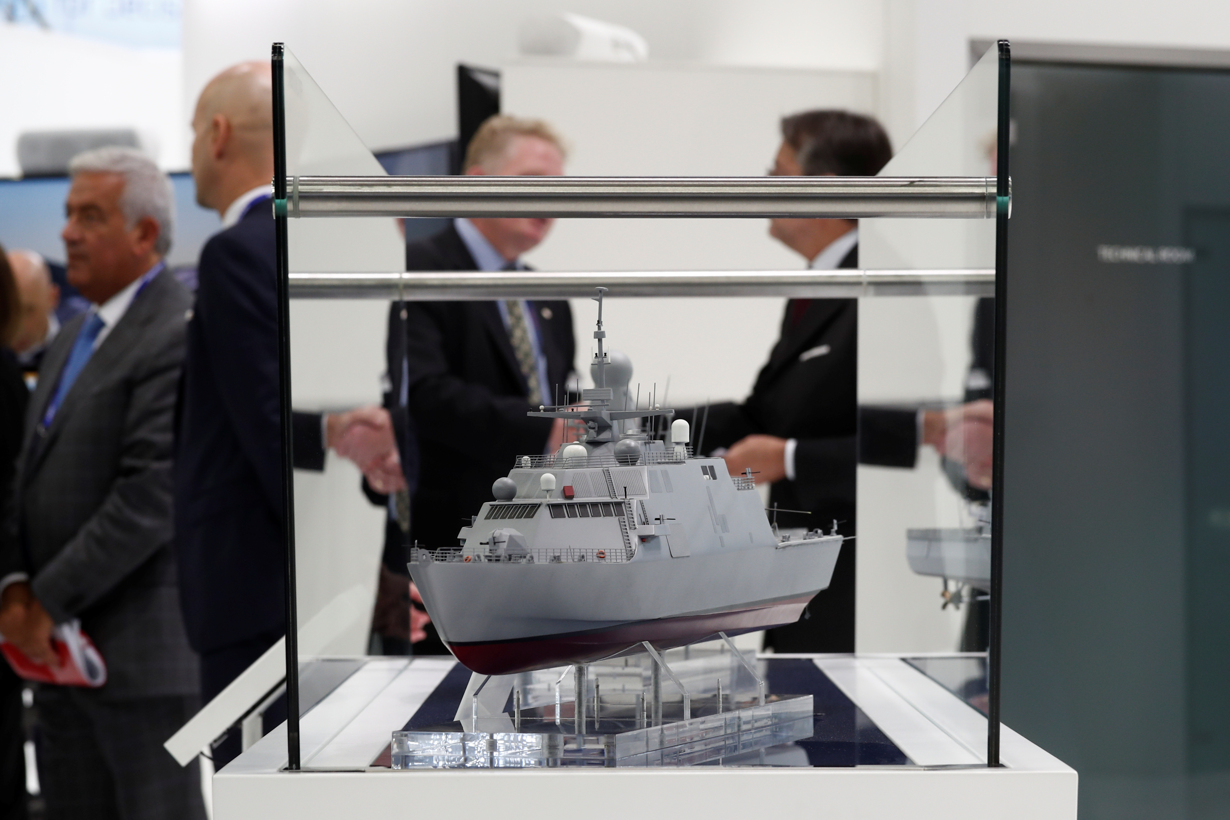 A sub-scale sized model of a Corvette by Fincantieri is displayed at Euronaval, the world naval defence exhibition in Le Bourget near Paris