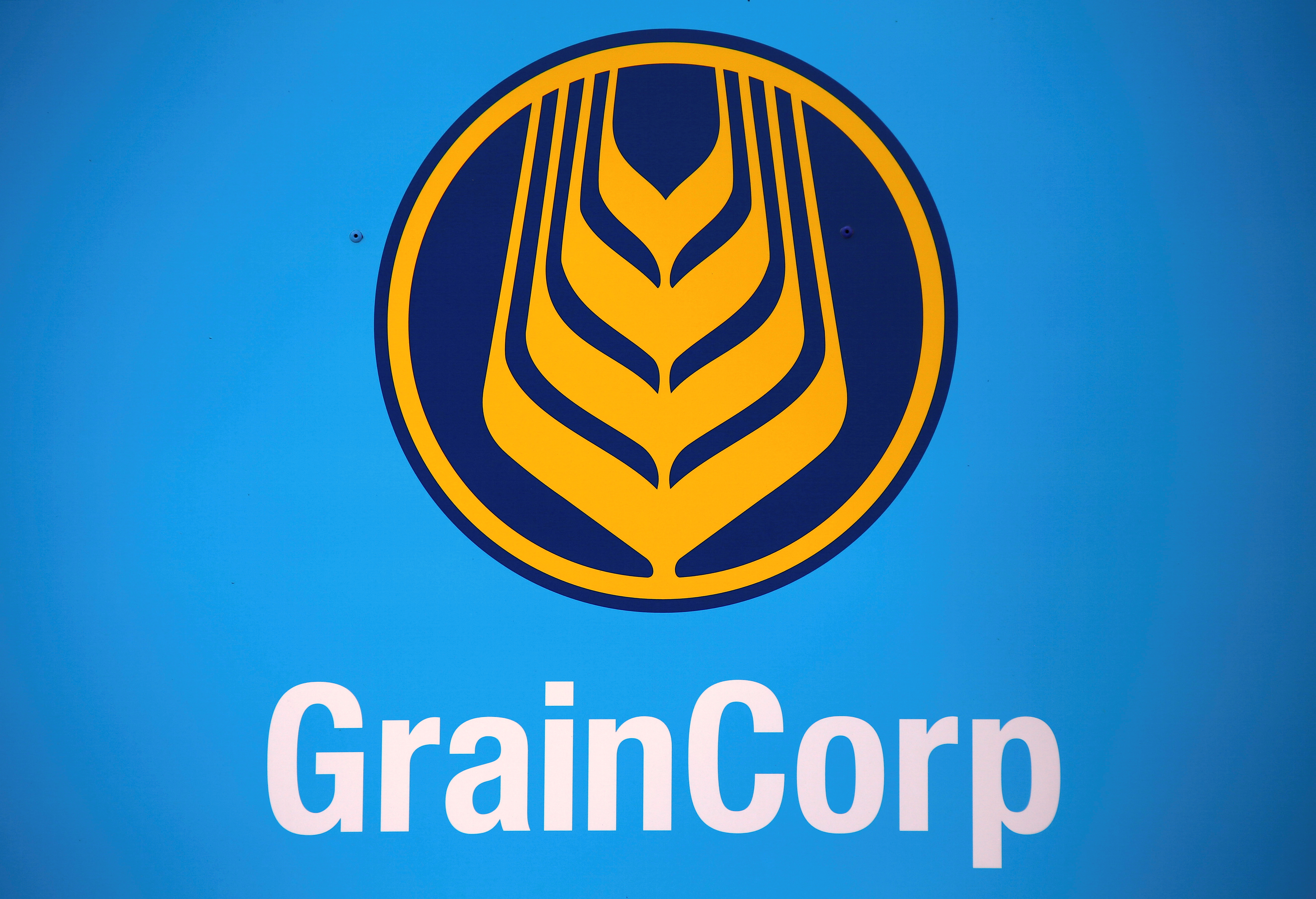 The logo for GrainCorp, Australia's largest listed bulk grain handler, adorns a sign at the Burren Junction depot located in the New South Wales town of Burren Junction, located north-west of Sydney in Australia