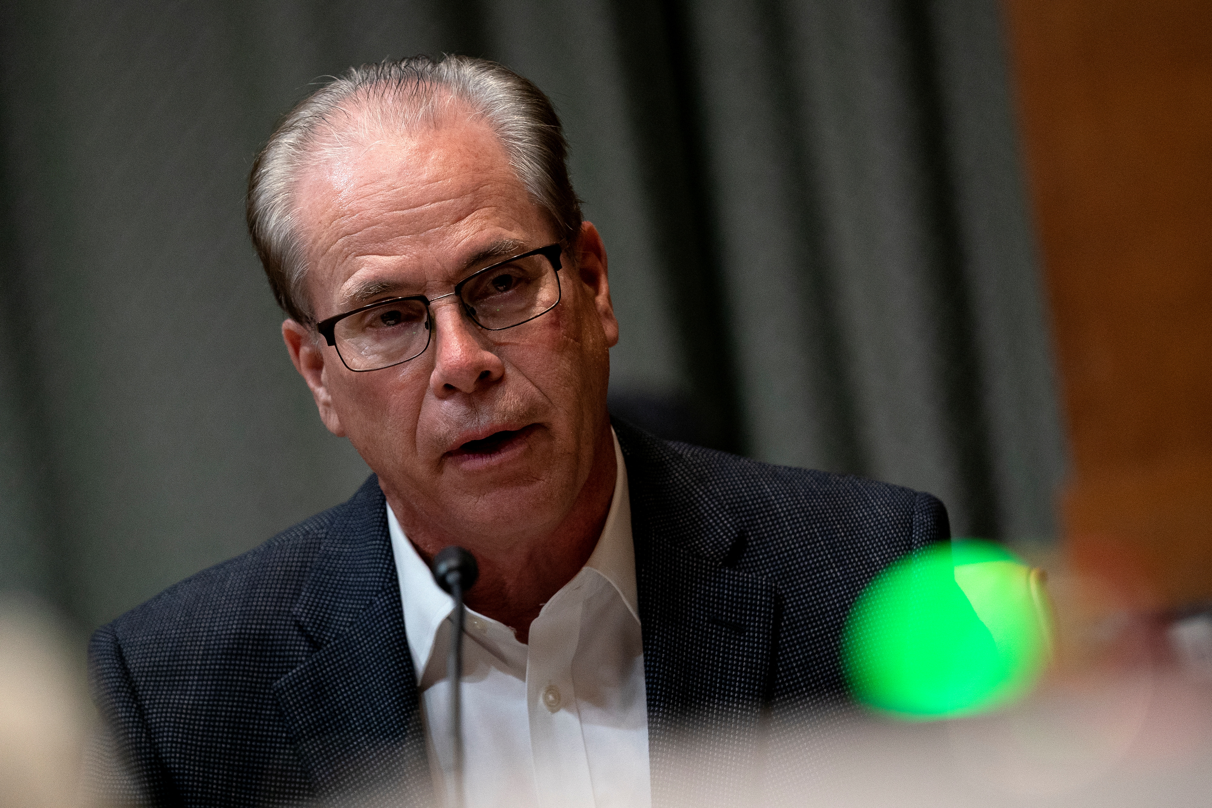 Senator Mike Braun (R-IN) speaks during a Senate Appropriations Subcommittee on Commerce, Justice, Science, and Related Agencies hearing at the Dirksen Senate Office building in Washington, D.C., U.S., June 9, 2021. Stefani Reynolds/Pool via REUTERS/Files
