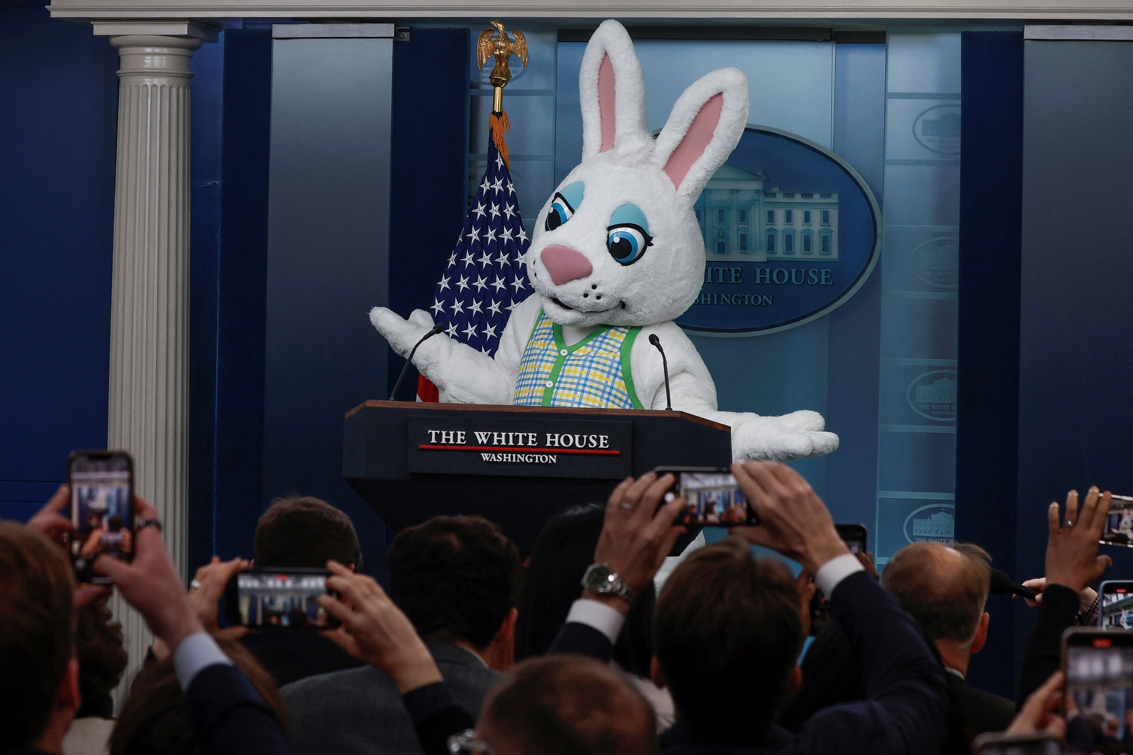 The Easter bunny makes a guest appearance at the press briefing at the White House in Washington