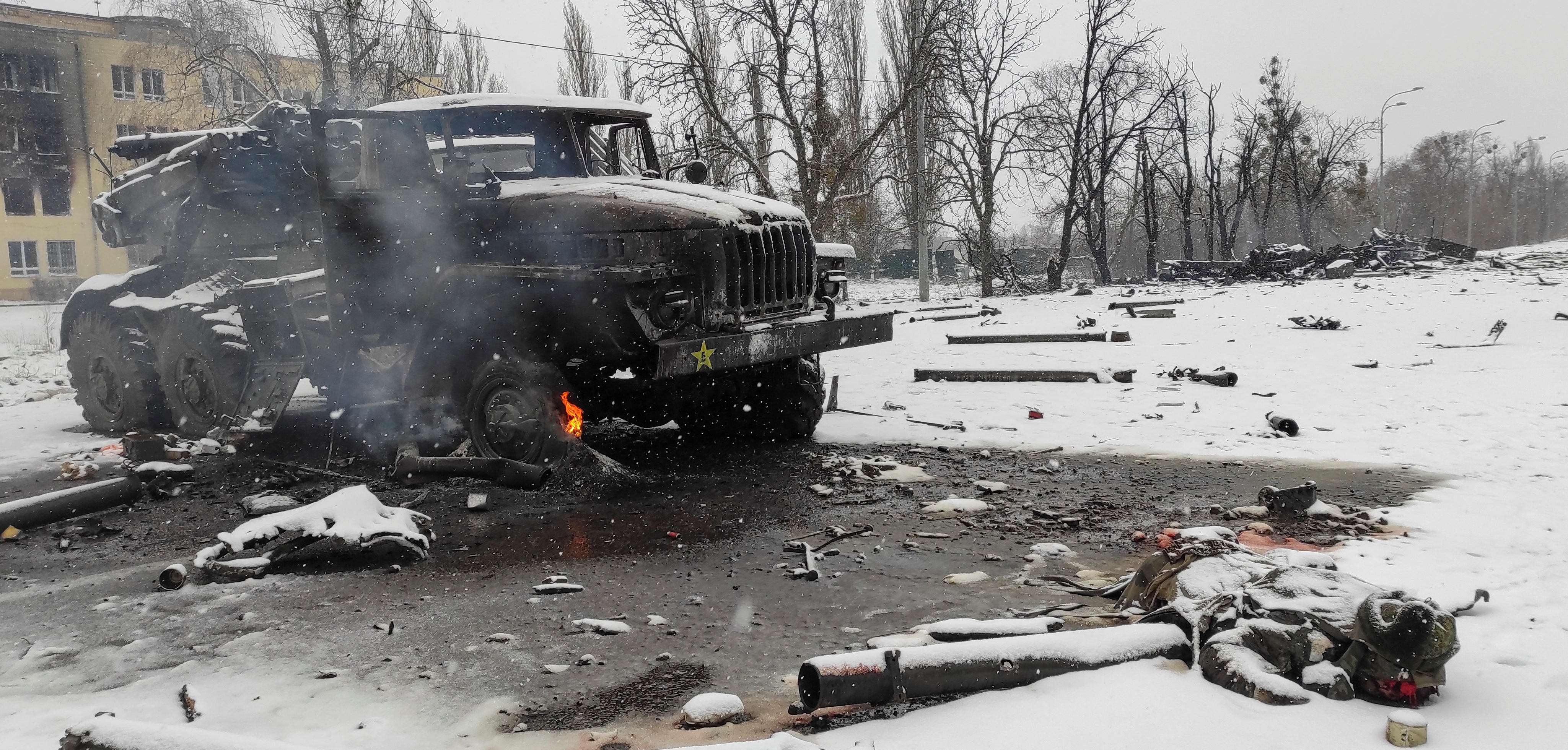 A view shows a destroyed Russian Army multiple rocket launcher in Kharkiv