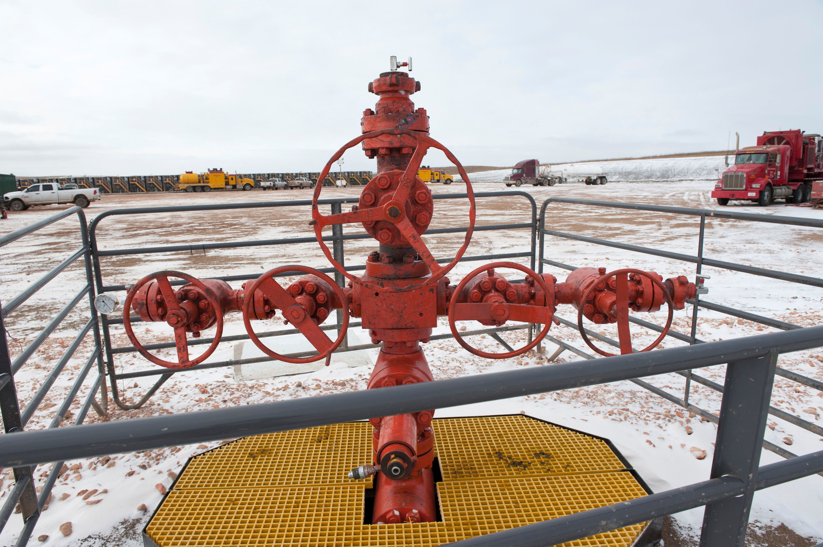 A new oil well head waits to be fracked at a Hess site near in Williston