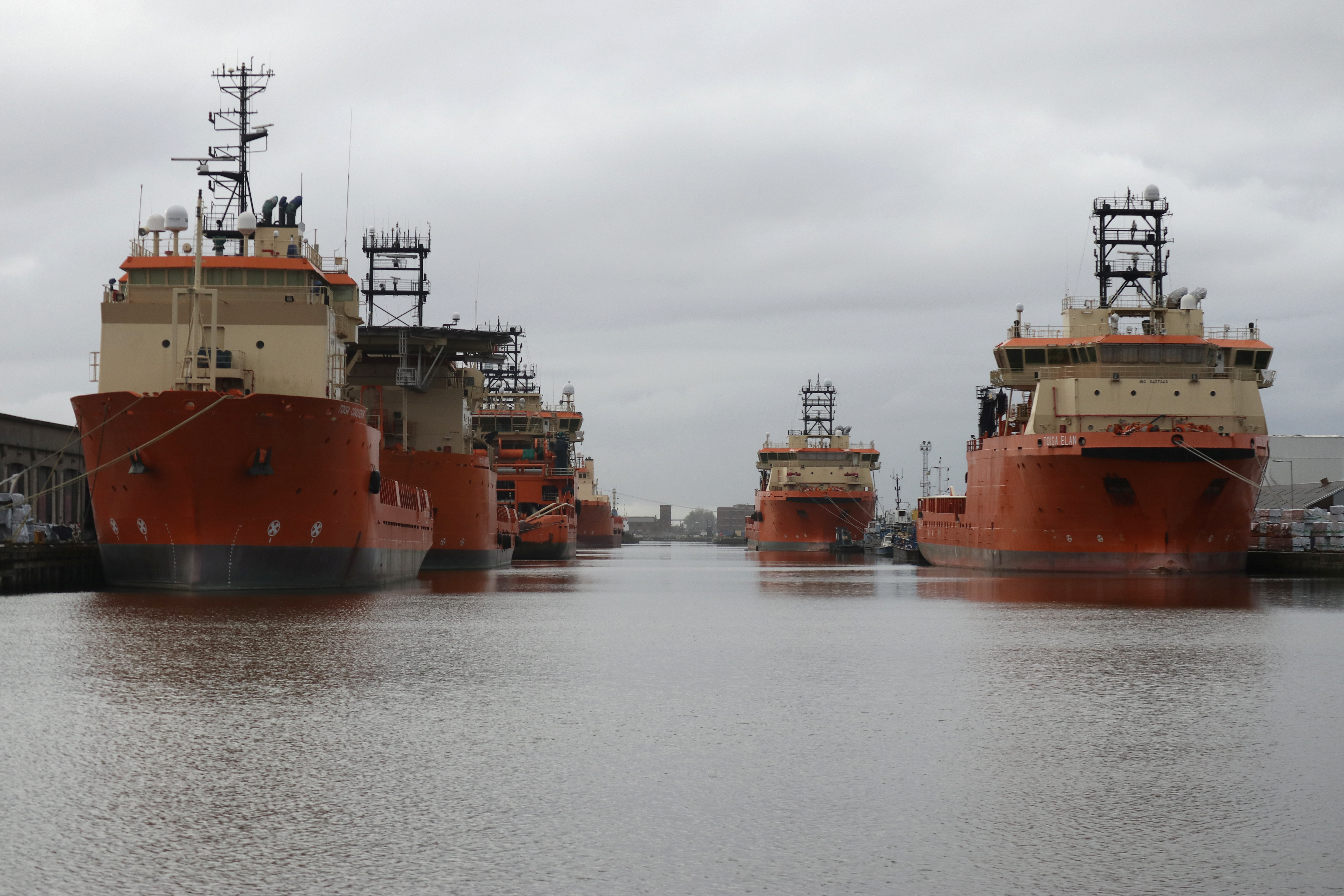 Vessels that are used for towing oil rigs in the North Sea are moored up at William Wright docks in Hull