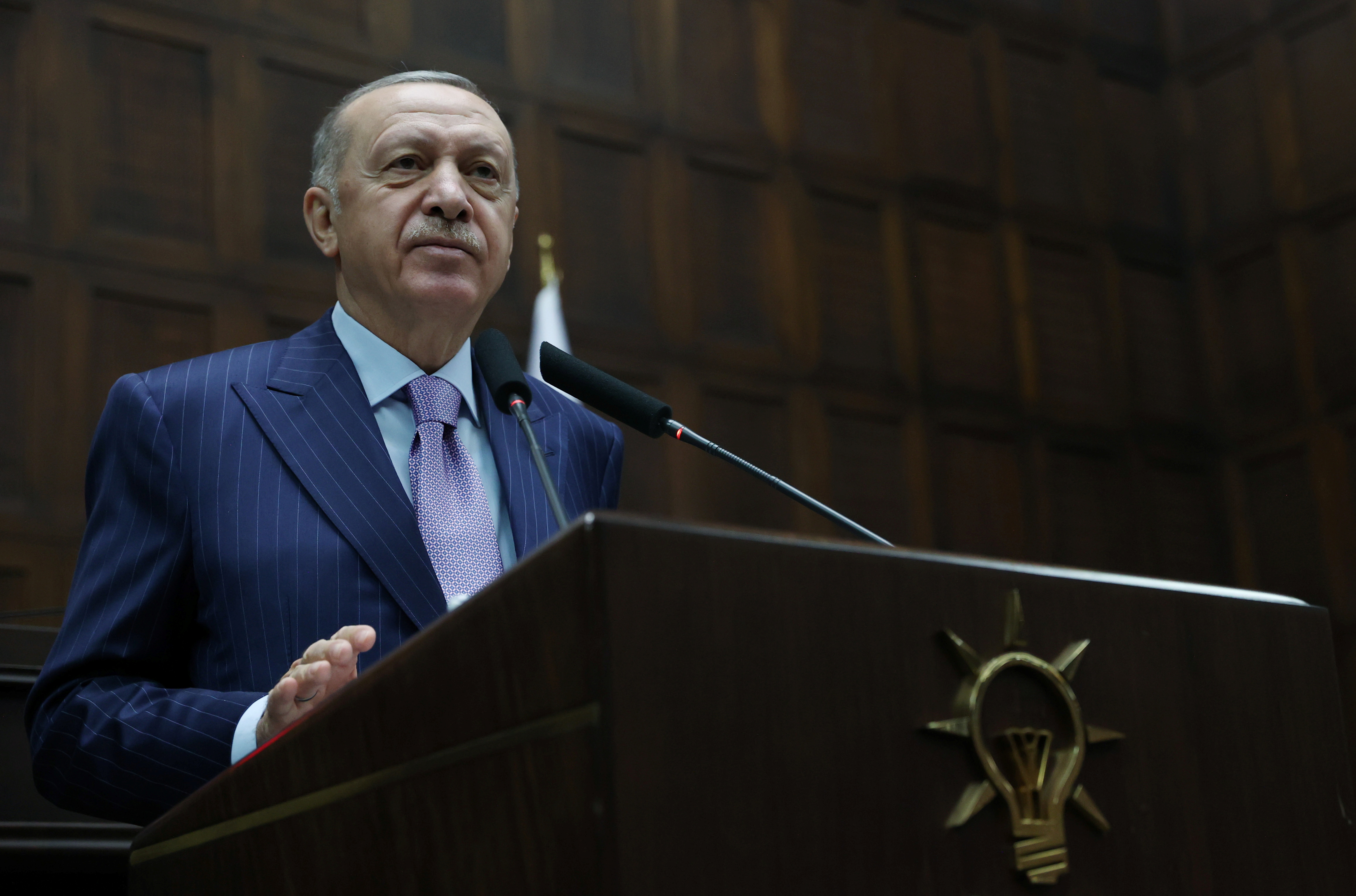 Turkish President Tayyip Erdogan addresses members of parliament from his ruling AK Party in Ankara