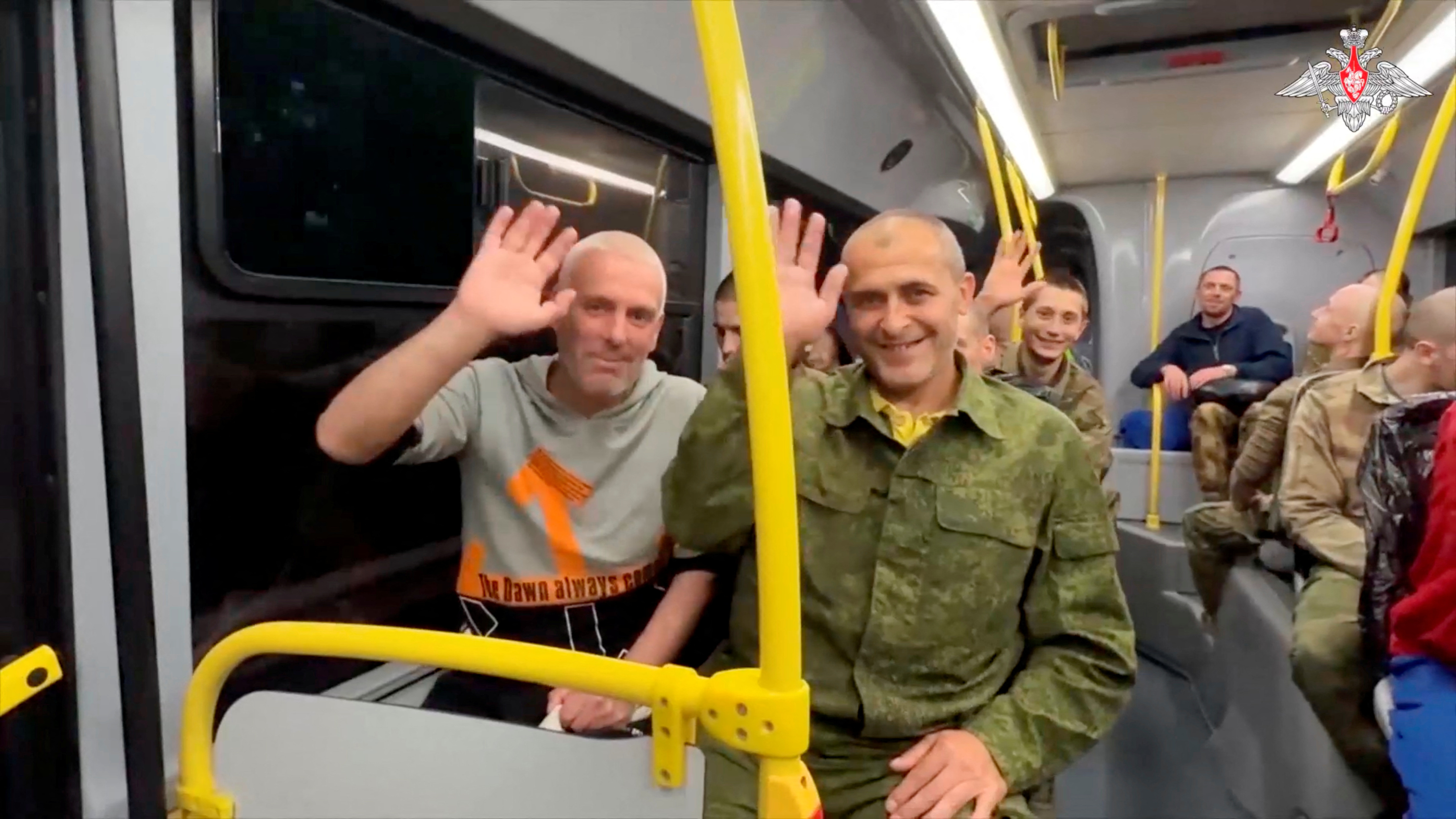 A still image from a video shows what it said to be captured Russian service personnel in a bus following the latest exchange of prisoners of war at an unknown location in the course of Russia-Ukraine conflict