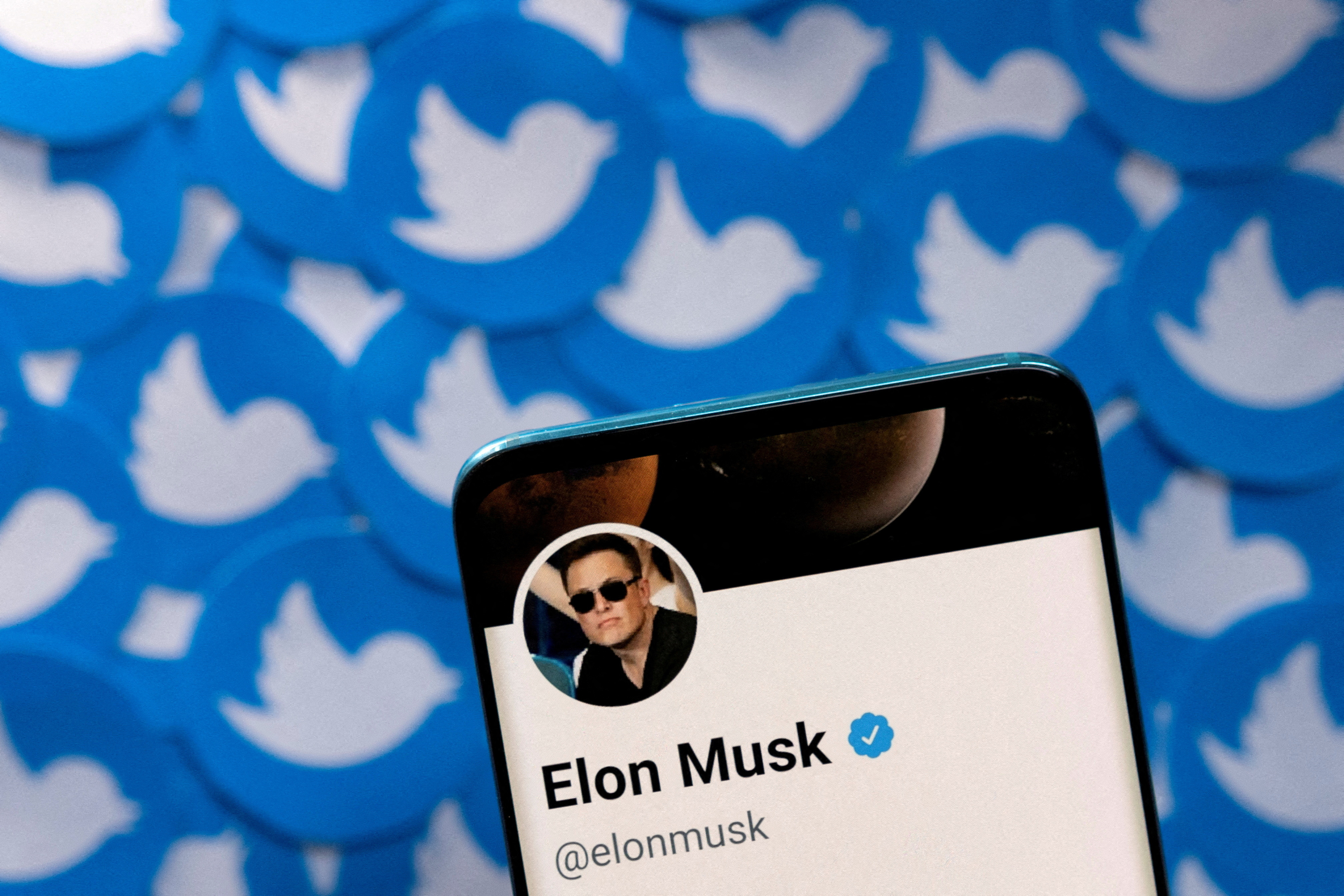 The image shows Elon Musk's Twitter profile on a smartphone and printed Twitter logos