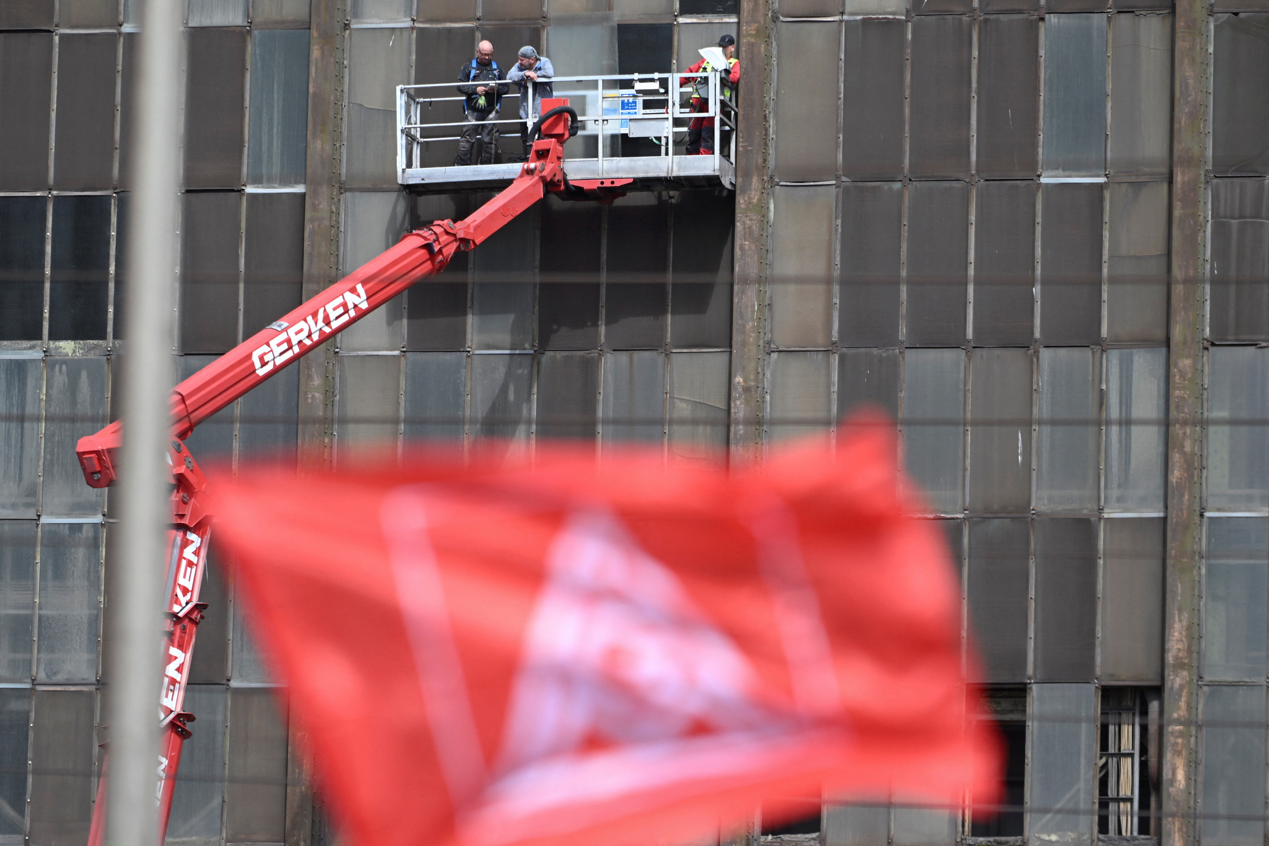 Thyssenkrupp Steel Europe workers rally at IG Metall union demonstration in Duisburg