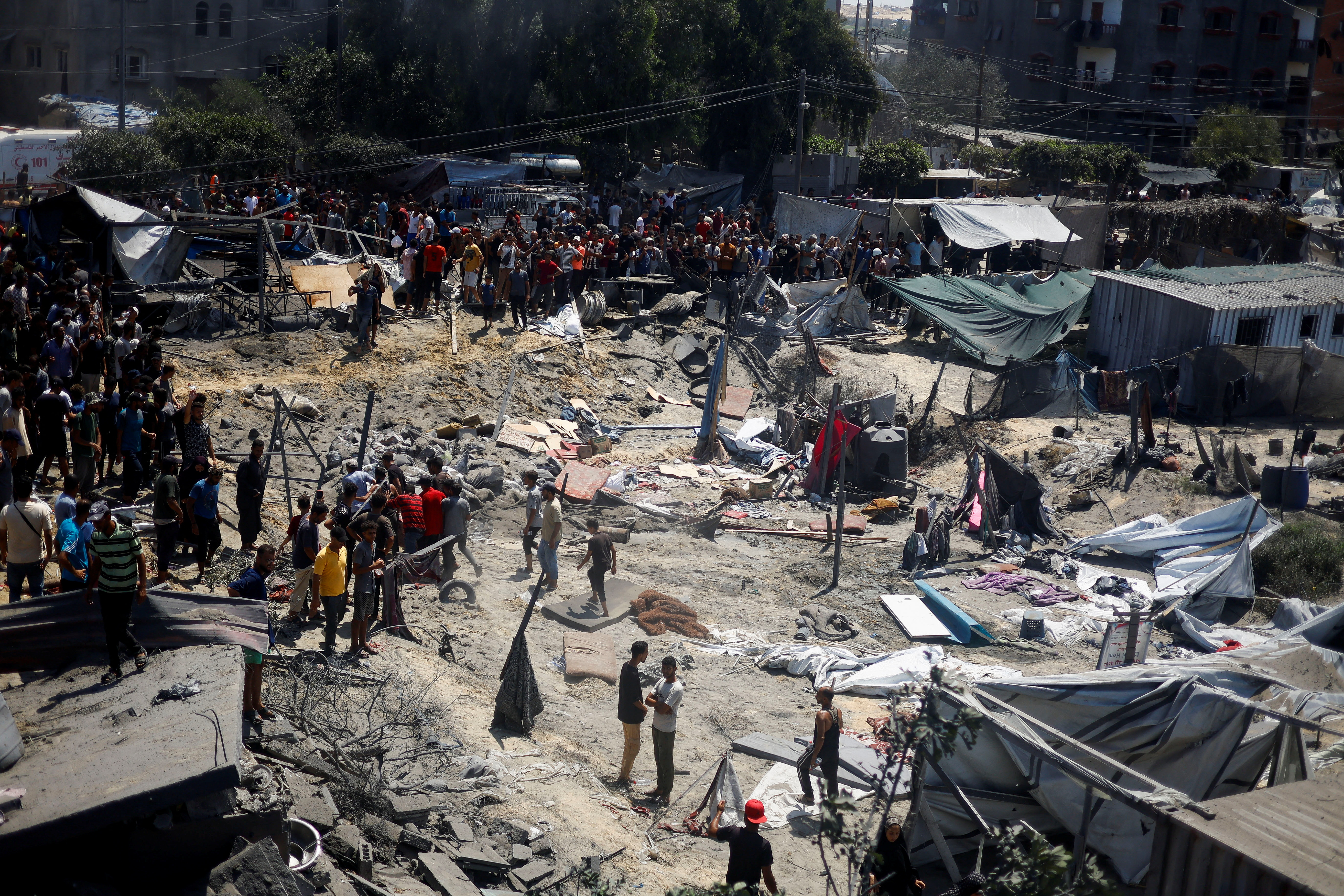 Aftermath of an Israeli strike at a tent camp in Al-Mawasi area in Khan Younis