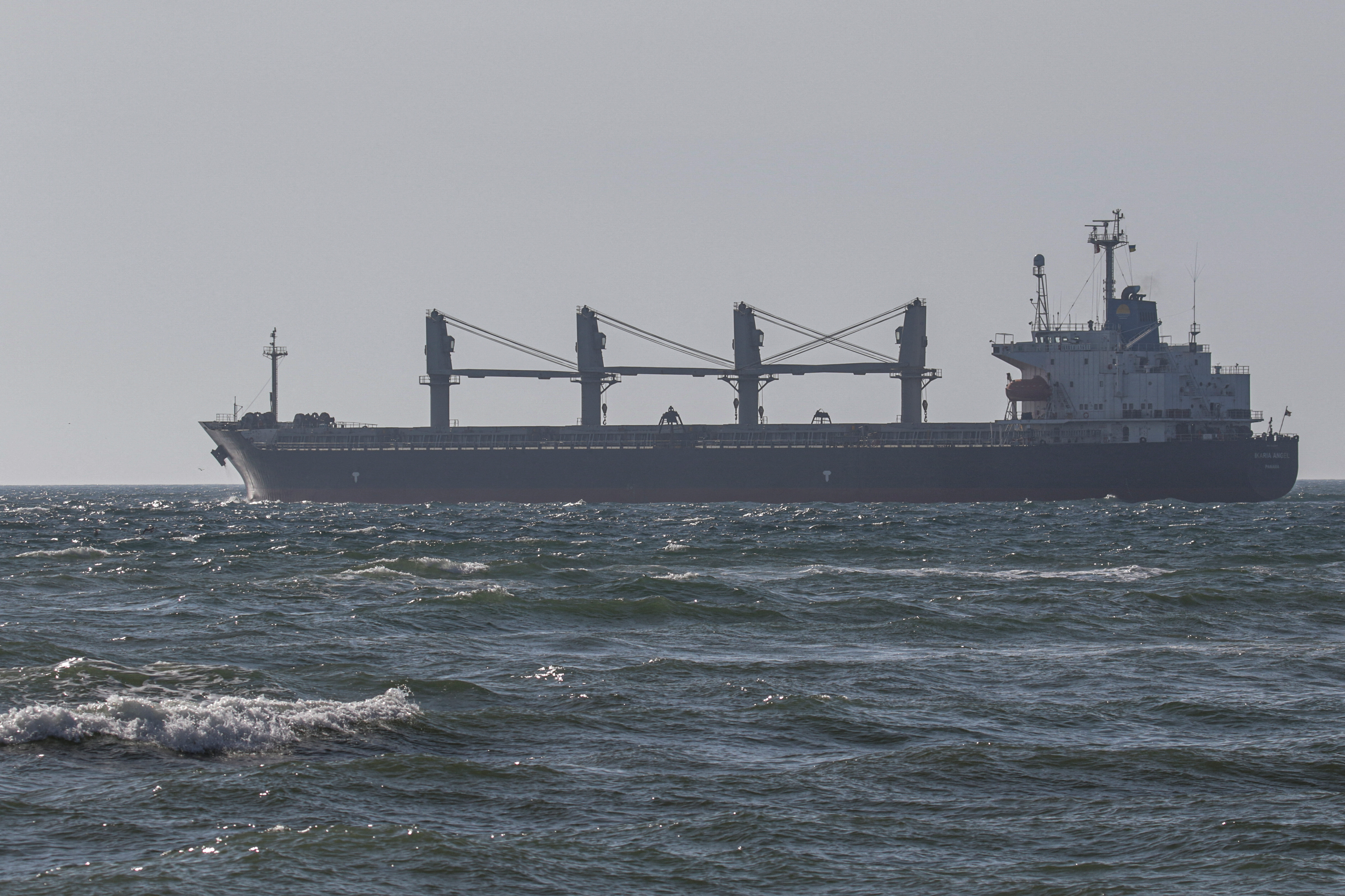The bulk carrier Ikaria Angel leaves the sea port with wheat for Ethiopia in Chornomorsk