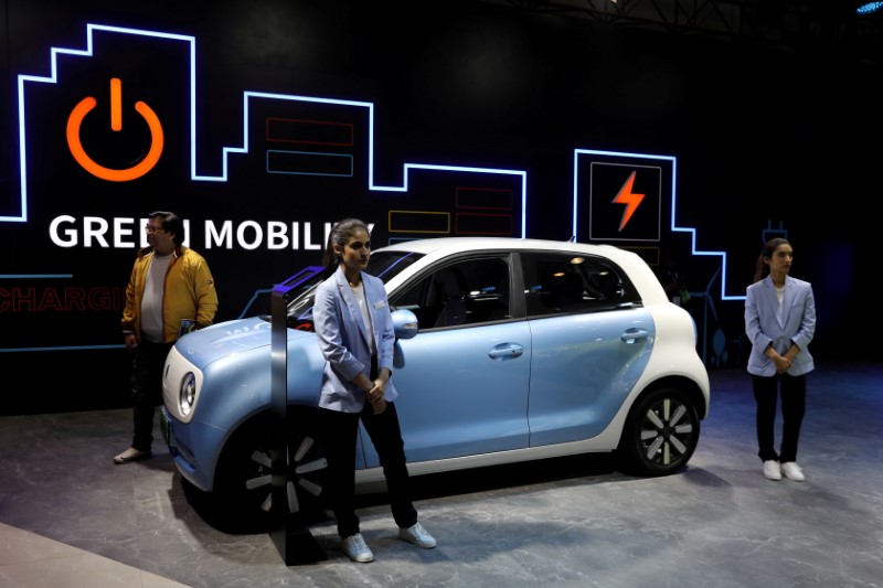FILE PHOTO: Models pose next to Great Wall Motors (GWM) GWM R1 electric car at its pavilion at the India Auto Expo 2020 in Greater Noida