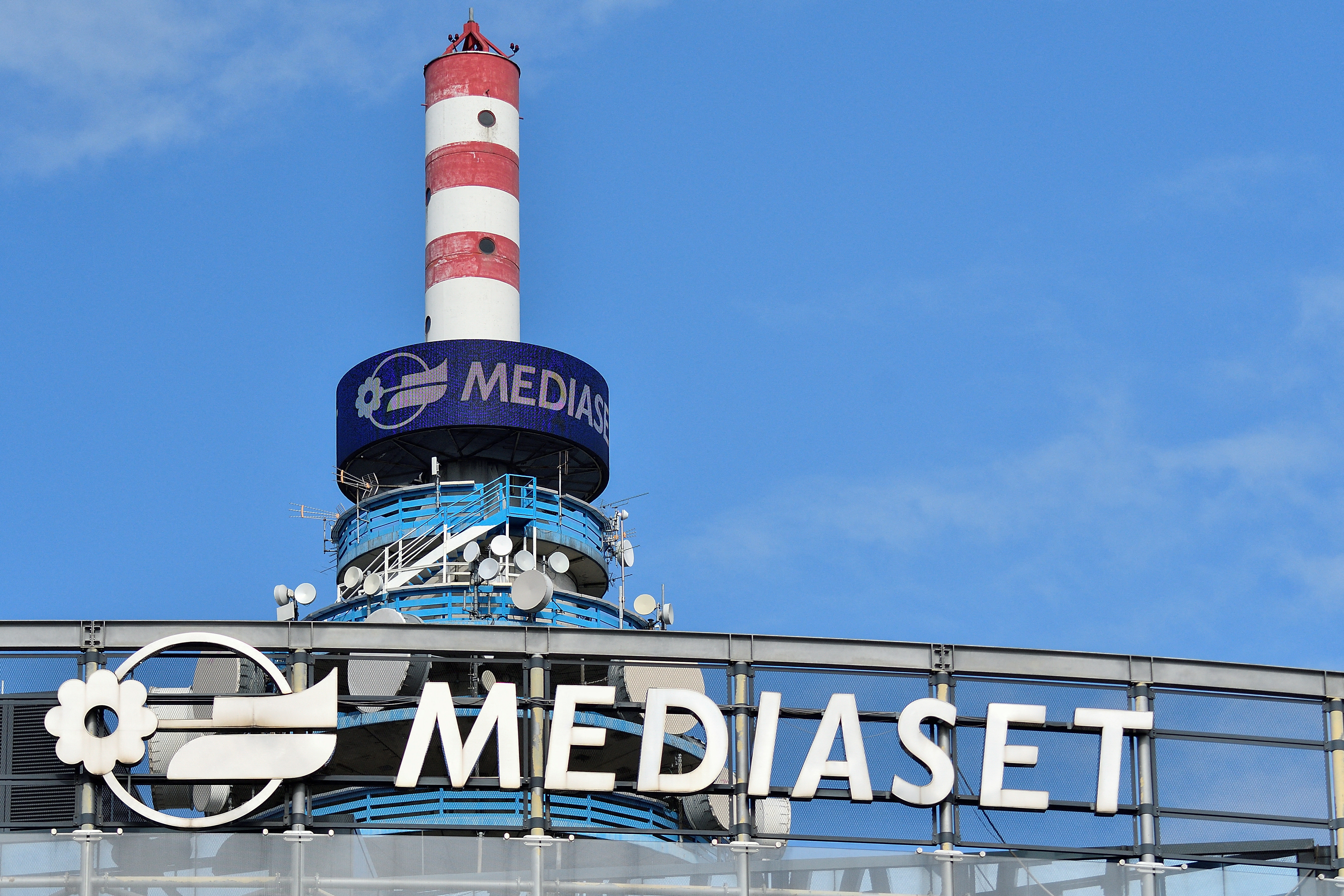 The Mediaset tower is seen in the headquarters ahead of the commercial broadcaster's annual general meeting in Cologno Monzese