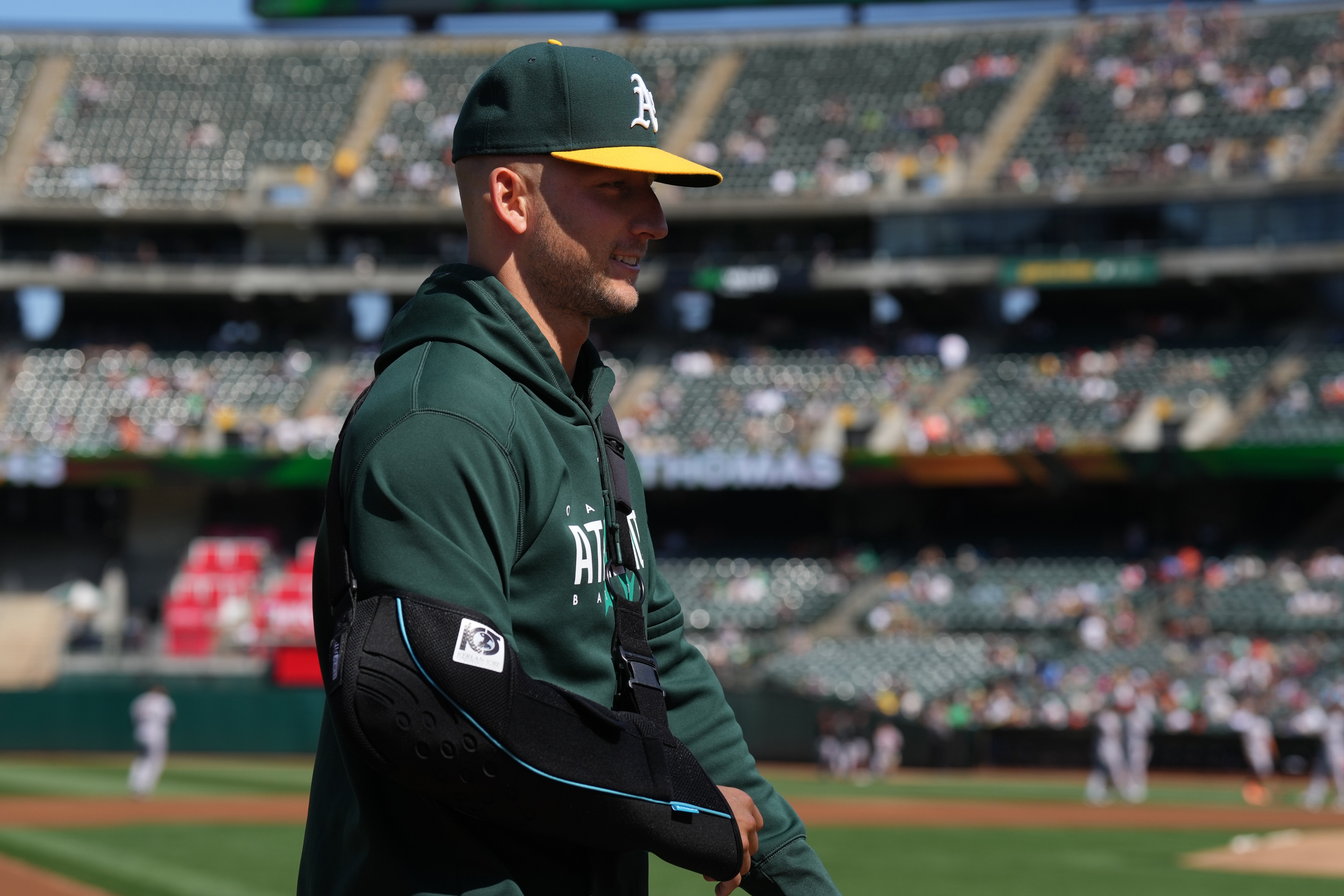 Seth Brown singles in the 8th inning to send the Athletics past the Giants,  2-1