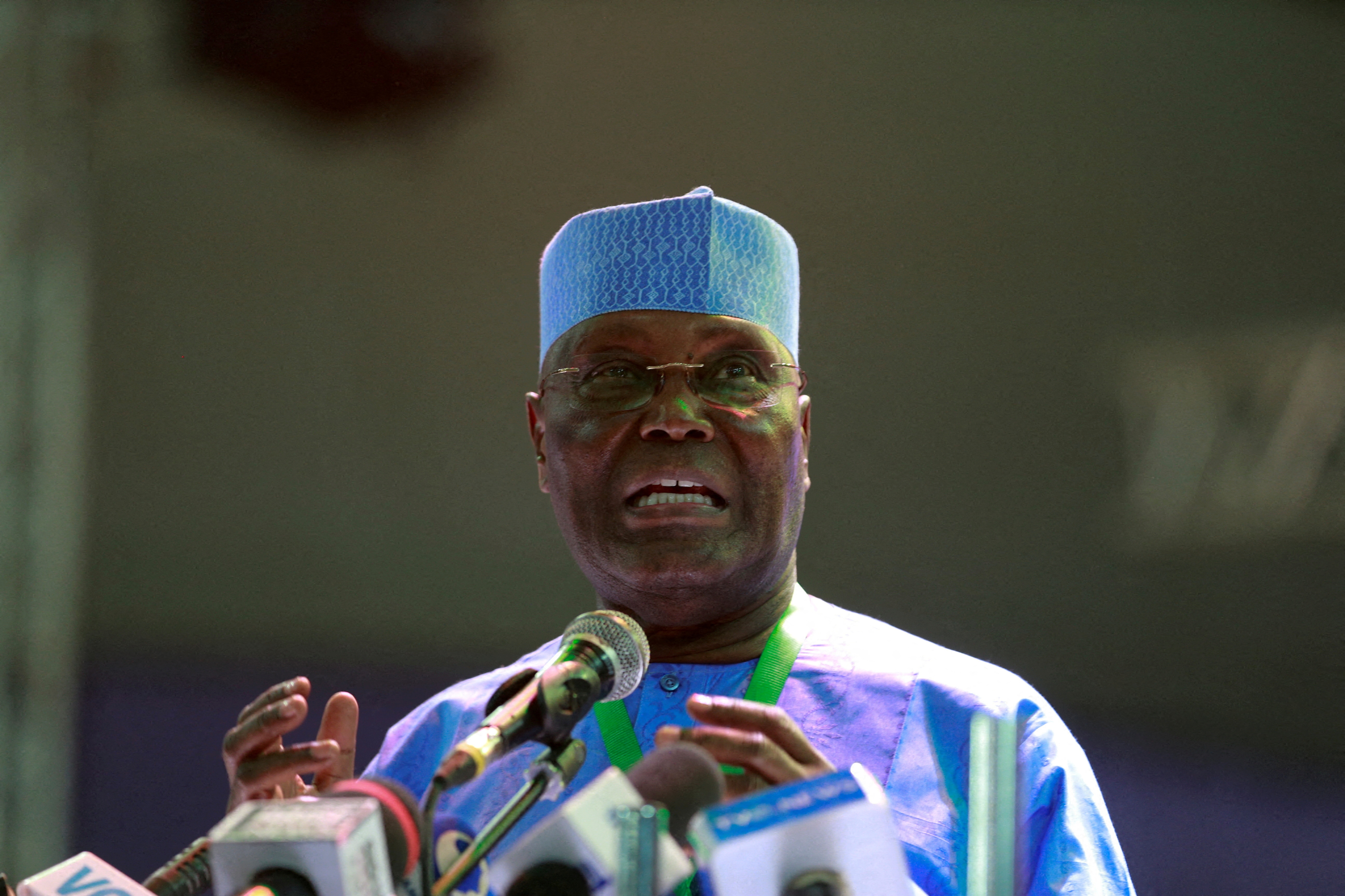 Former Nigeria Vice President Atiku Abubakar adresses the People's Democratic Party delegates during the Special convention in Abuja