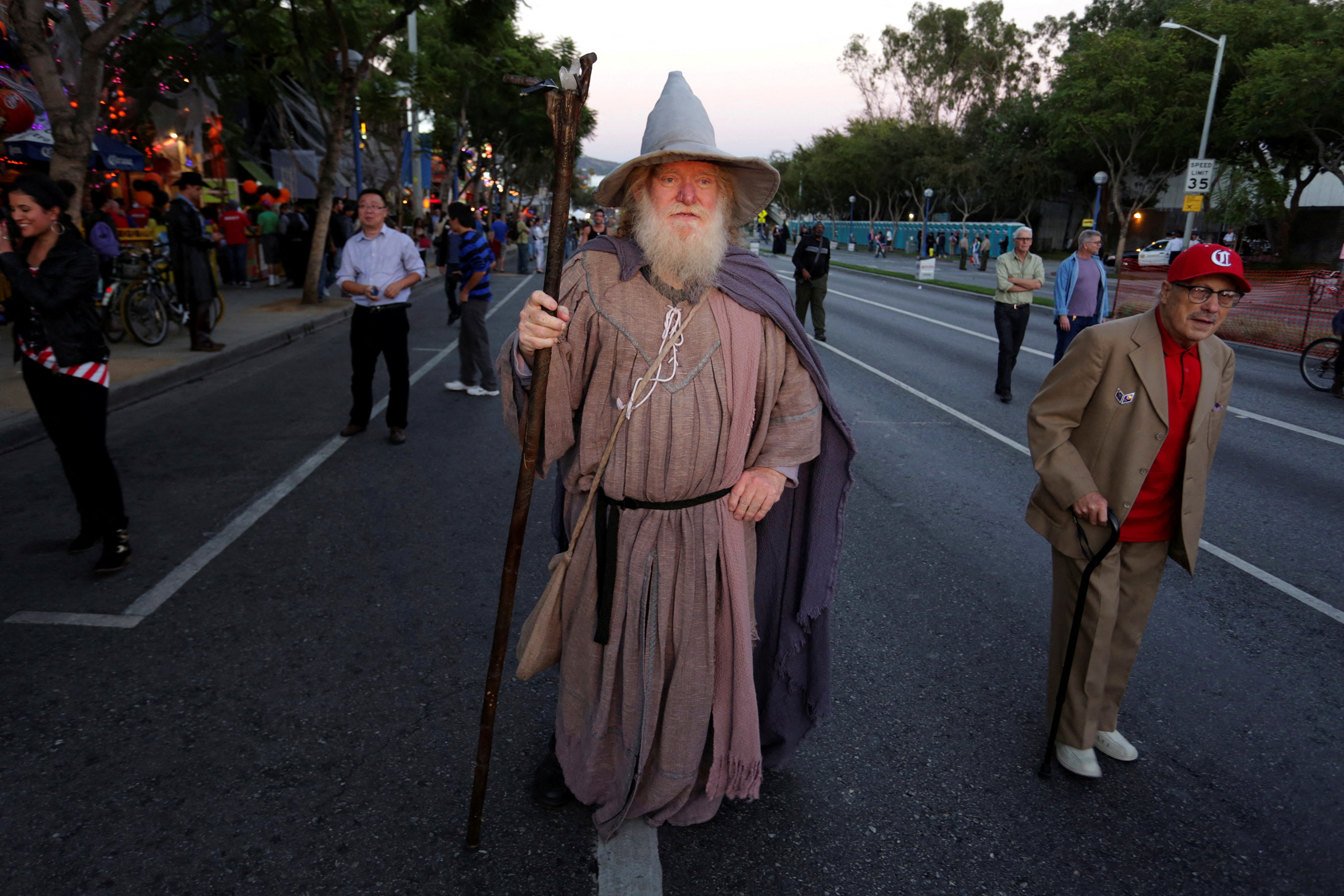 A man dressed as the character Gandalf the Grey from 