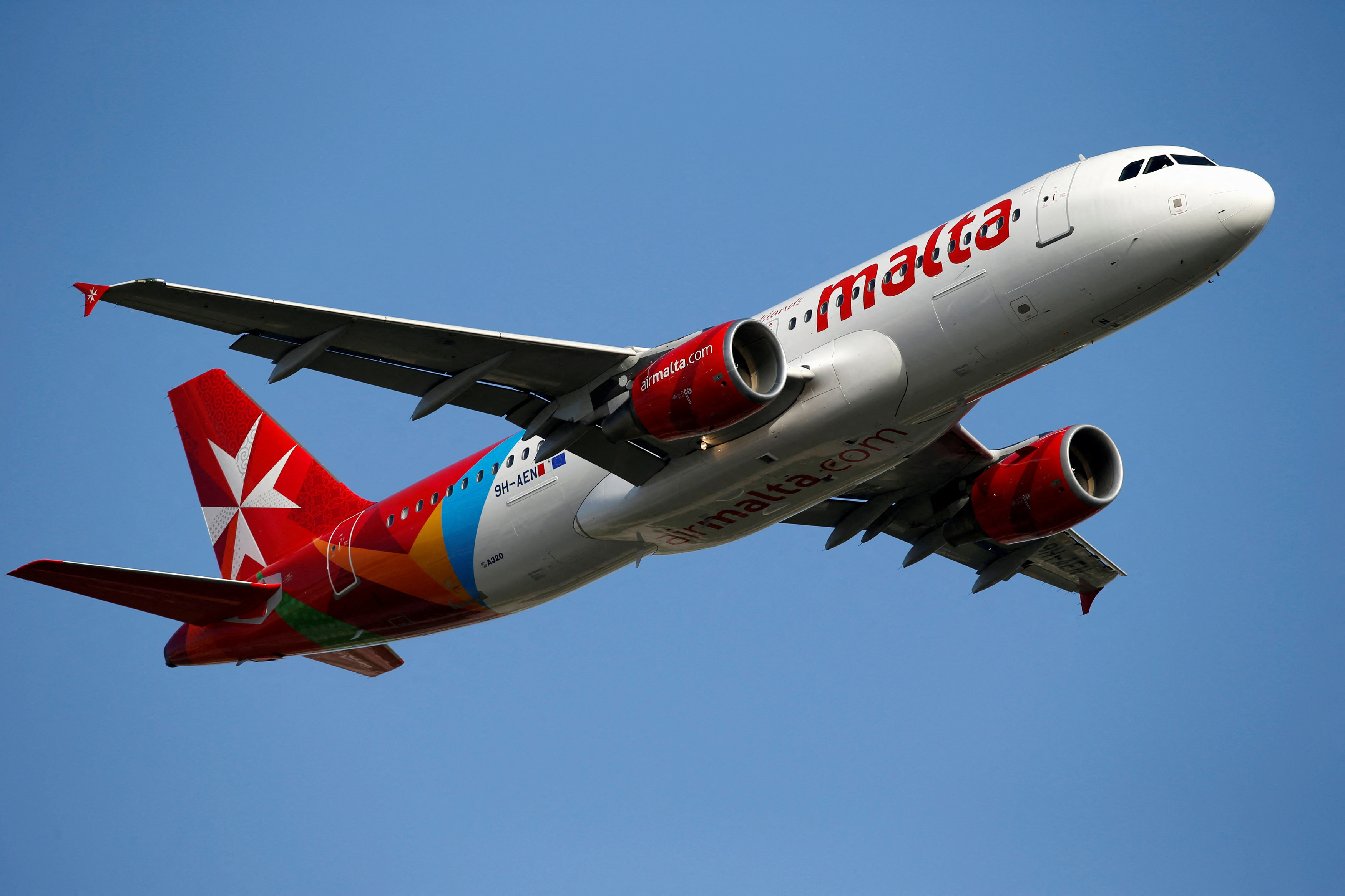 Air Malta Airbus A320 airliner, sporting the Maltese national airline's new livery, does a fly past during the Malta Airshow at Malta International Airport outside Valletta