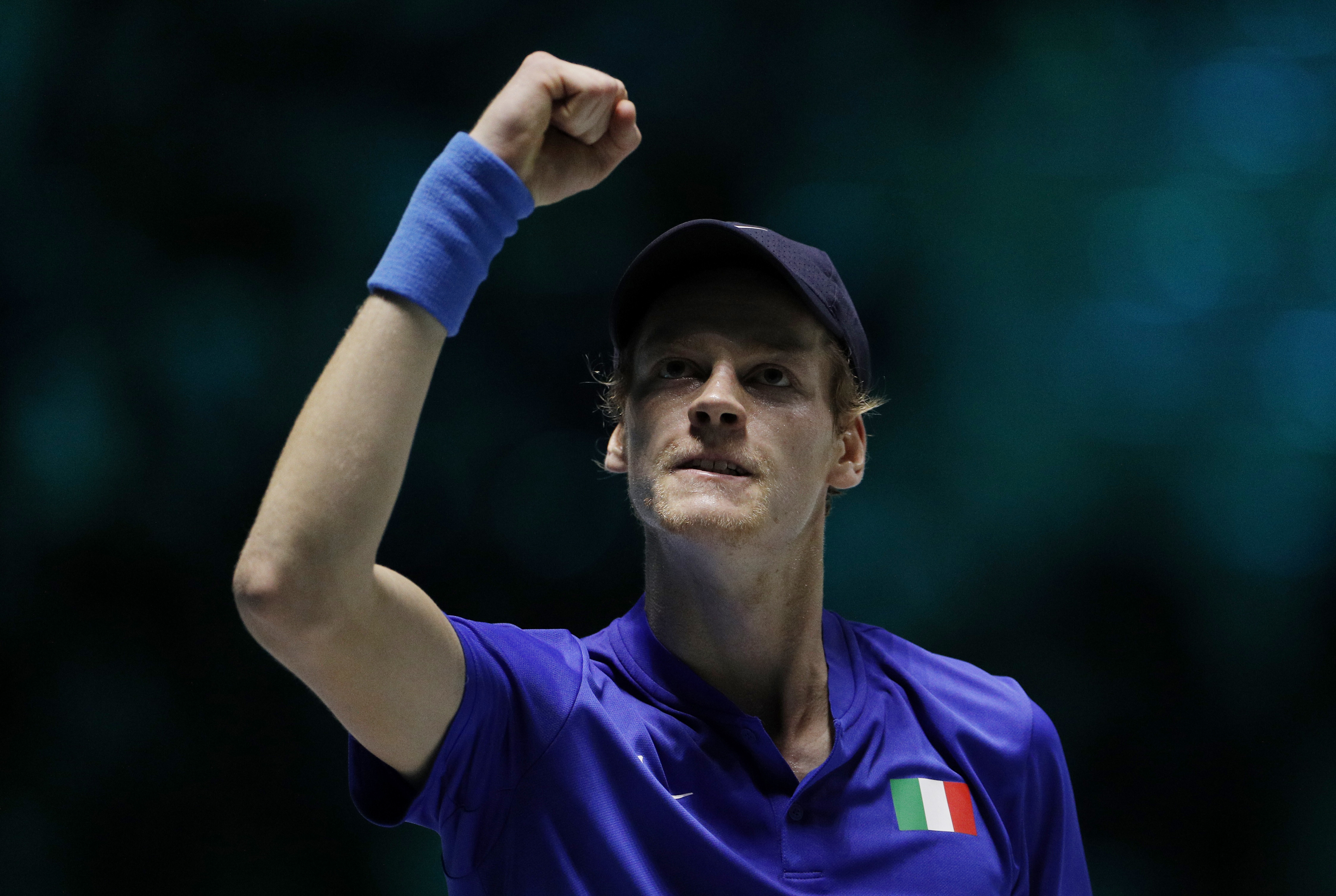 Tennis - Davis Cup Finals - Group F - Italy v Colombia - Pala Alpitour, Turin, Italy - November 27, 2021 Italy's Jannik Sinner celebrates winning the first set during his match against Colombia's Daniel Elahi Galan Riveros REUTERS/Guglielmo Mangiapane