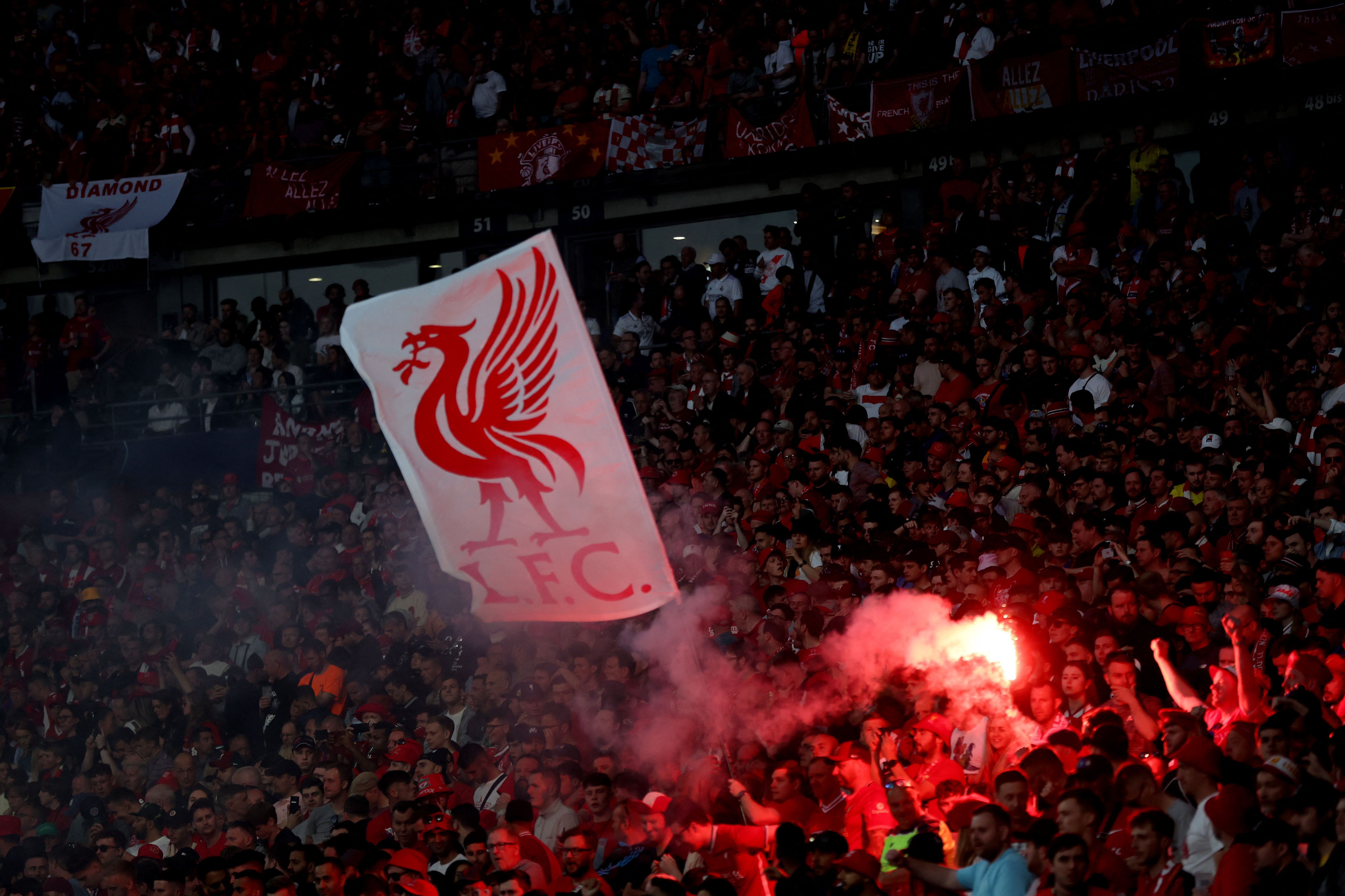 Liverpool's Andrew Robertson heads the ball during the Champions League  final soccer match between Liverpool and Real Madrid at the Stade de France  in Saint Denis near Paris, Saturday, May 28, 2022. (