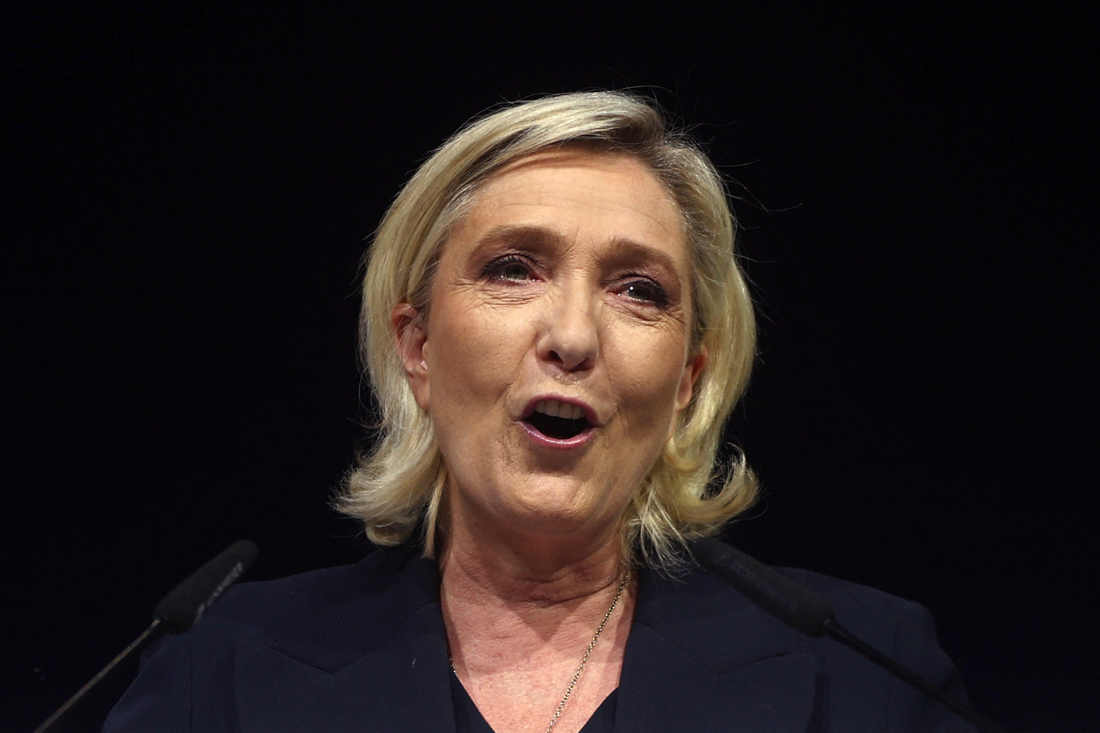 Marine Le Pen reacts after first round results of the 2024 snap legislative elections