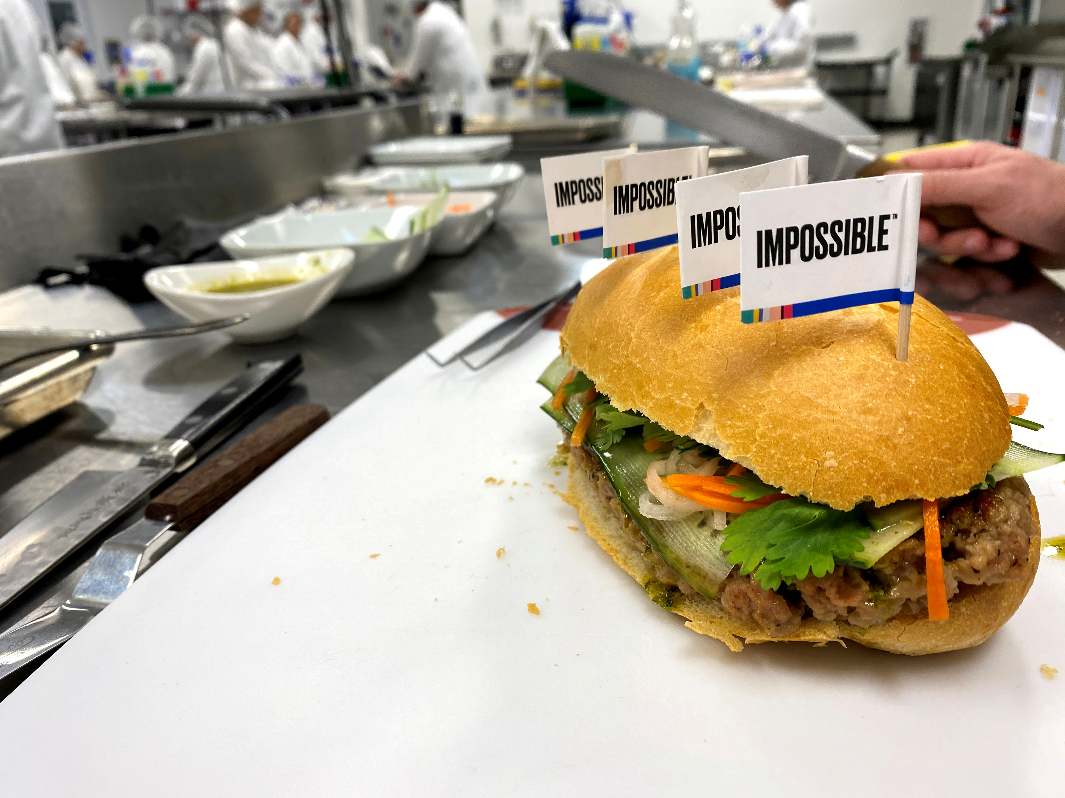 A banh mi sandwich made with a plant-based Impossible Pork patty at the Impossible Foods headquarters in Silicon Valley