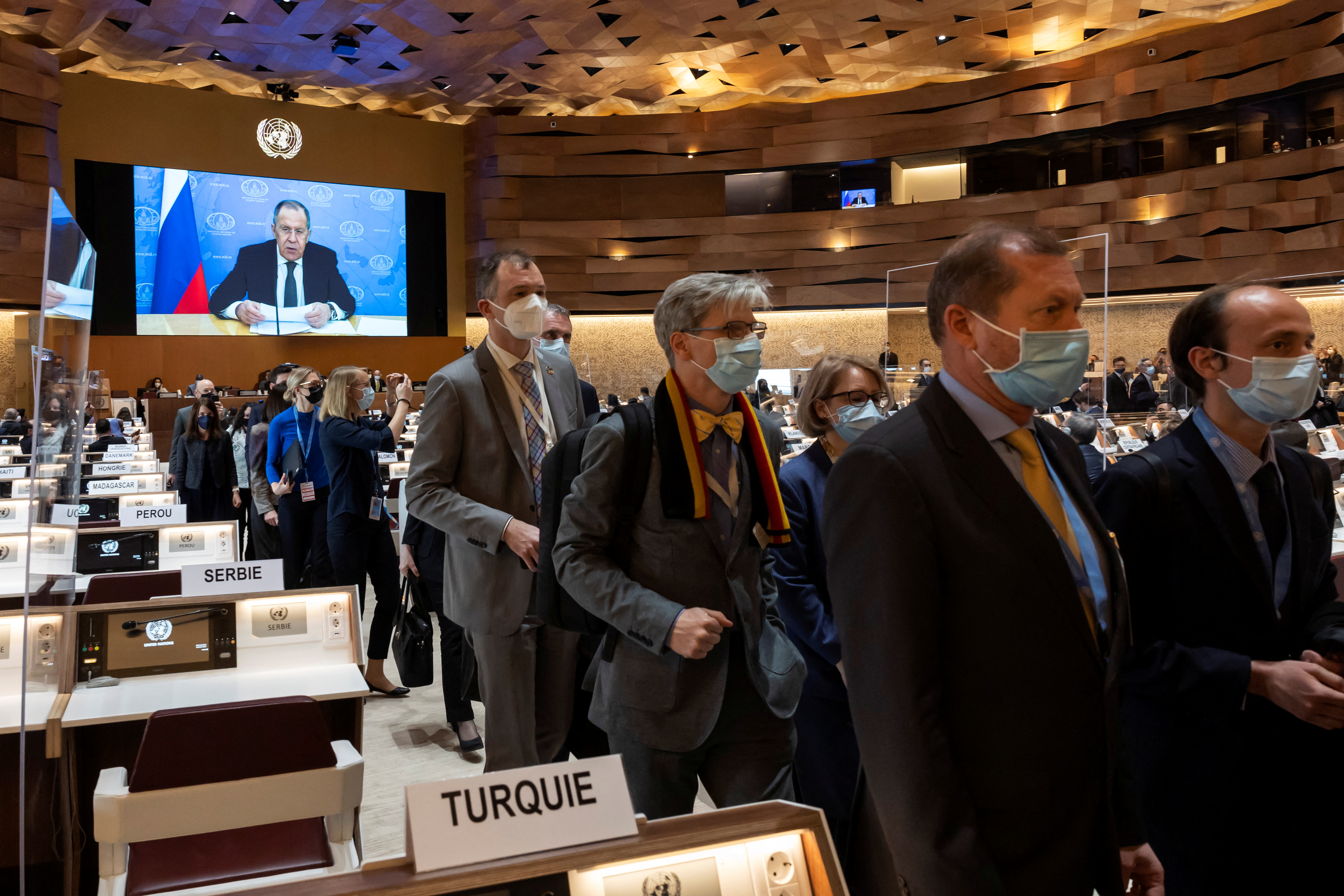 Ambassadors and diplomats walk out in protest against Russia's invasion of Ukraine, in Geneva