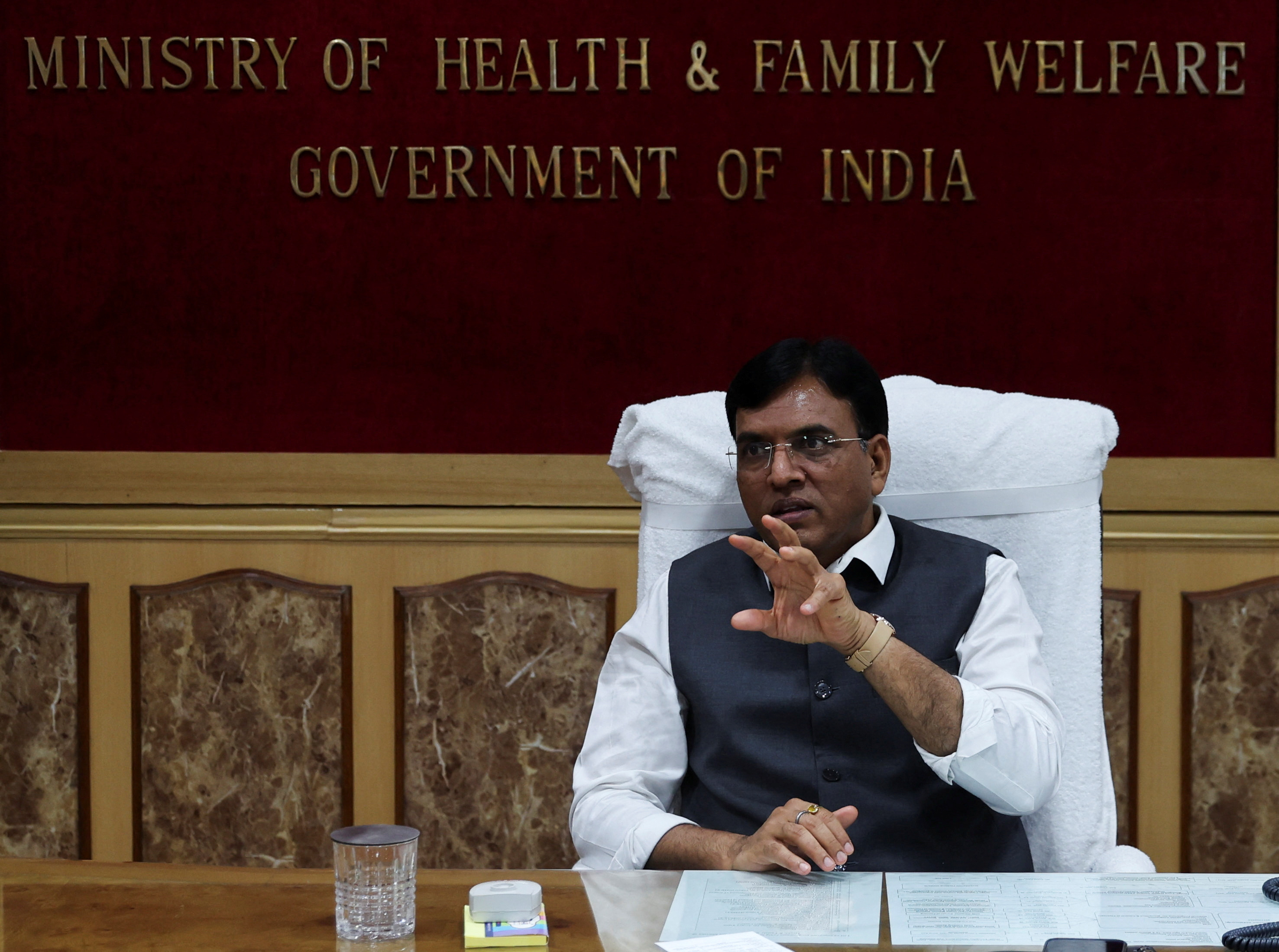 India's Chemicals and Fertilizers Minister Mandaviya during his interview with Reuters, in New Delhi