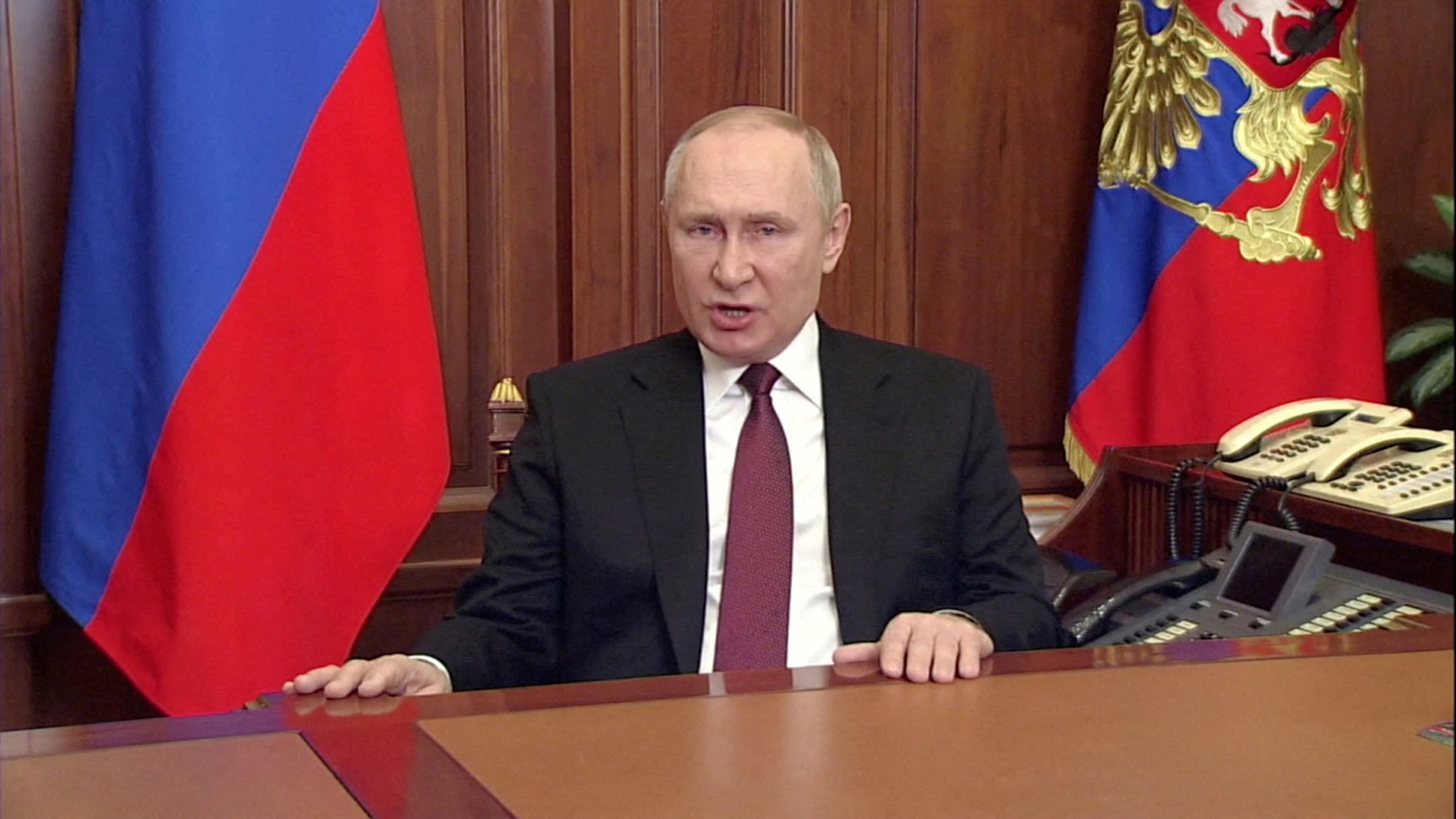 Russian President Vladimir Putin speaks about authorising a special military operation in Ukraine's Donbass region during a special televised address on Russian state TV, in Moscow, Russia, February 24, 2022, in this still image taken from video.  Russian Pool/via REUTERS TV     