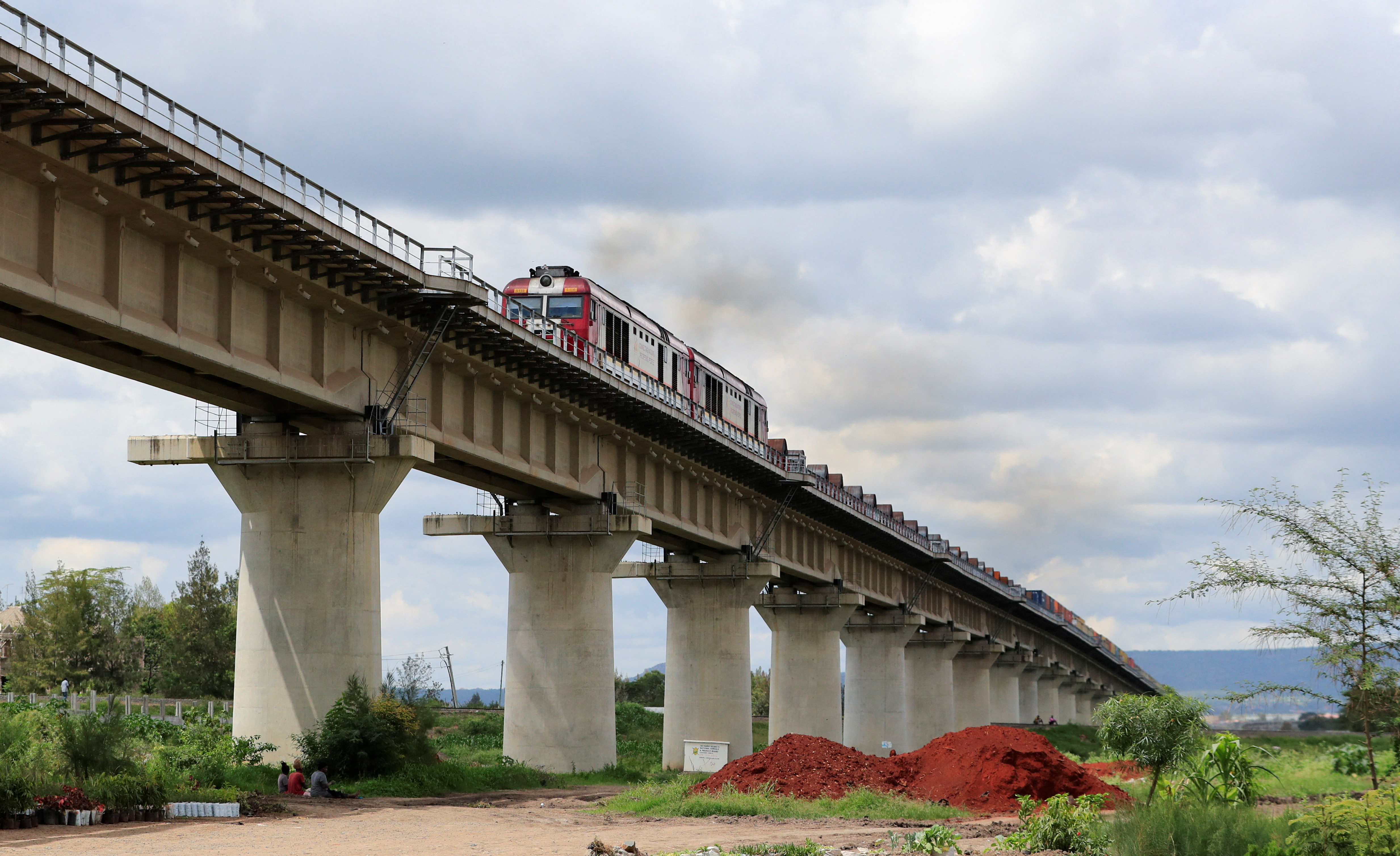 A general view shows a cargo train on the Standard Gauge Railway (SGR) line constructed by the China Road and Bridge Corporation and financed by the Chinese government in Athi River