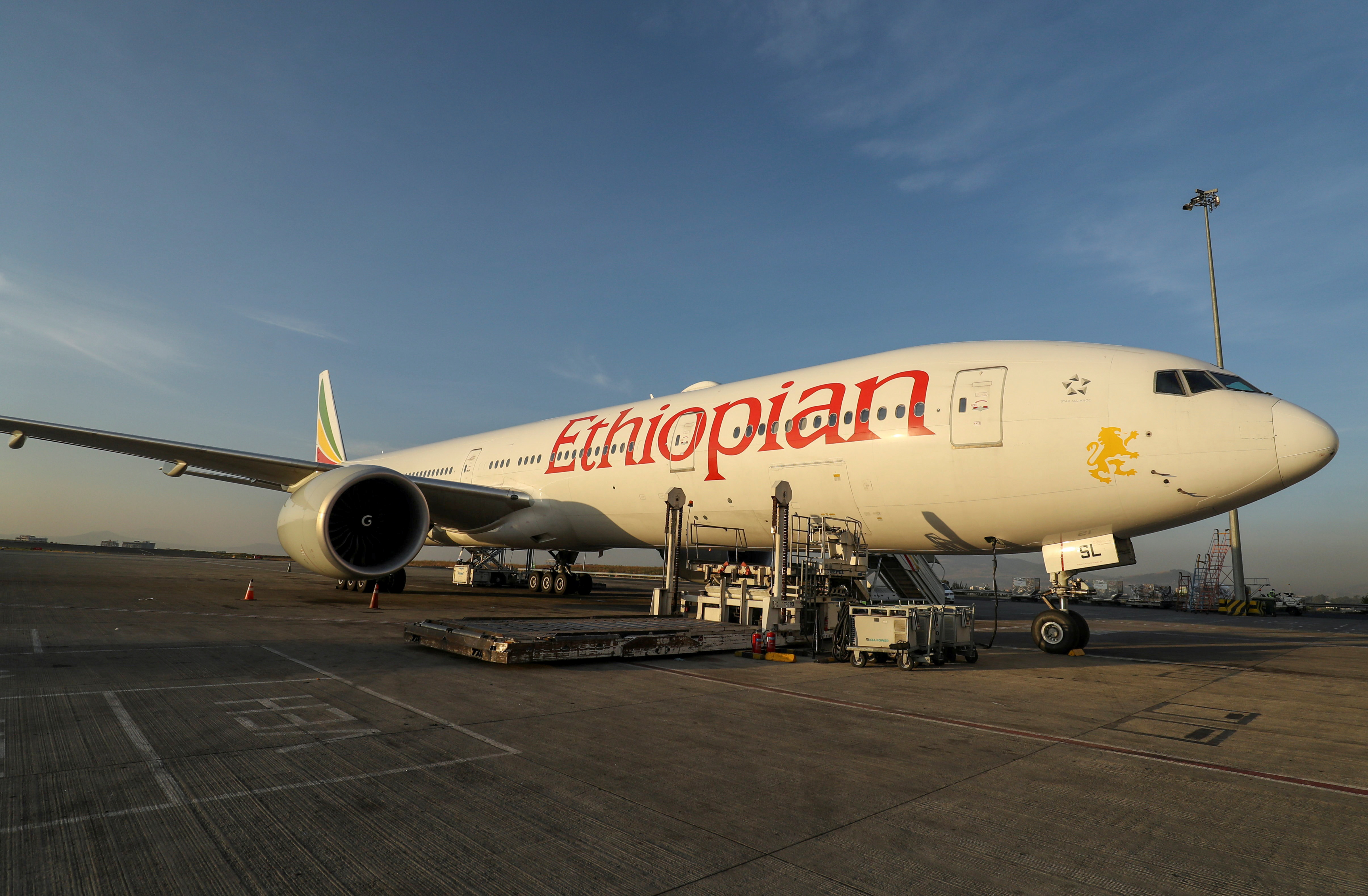 An Ethiopian Airlines Cargo plane carrying the AstraZeneca/Oxford vaccines is seen at the Bole International Airport in Addis Ababa