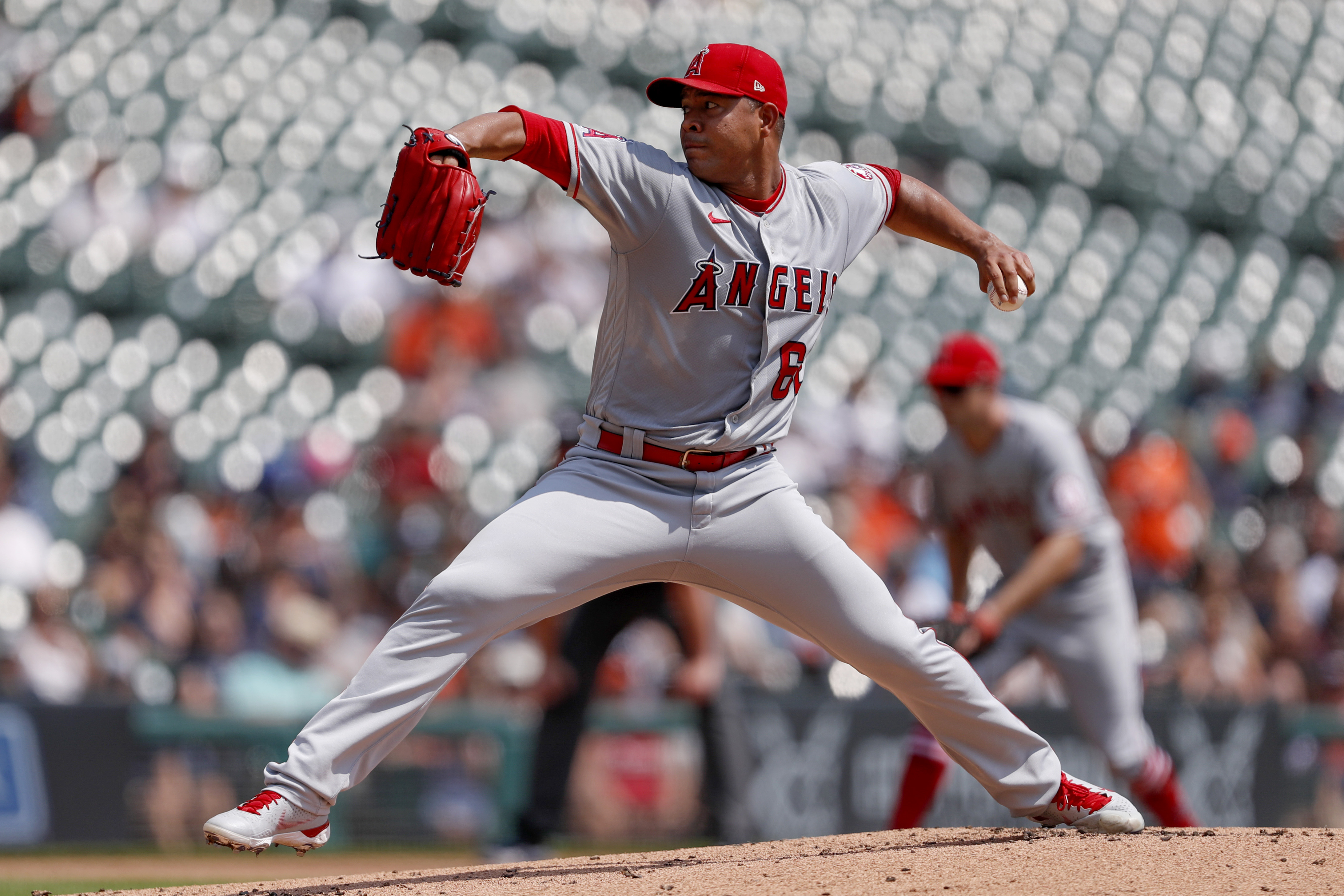 Aug 19, 2021; Detroit, Michigan, USA; Los Angeles Angels starting pitcher Jose Quintana (62) throws during the first inning against the Detroit Tigers at Comerica Park. Mandatory Credit: Raj Mehta-USA TODAY Sports