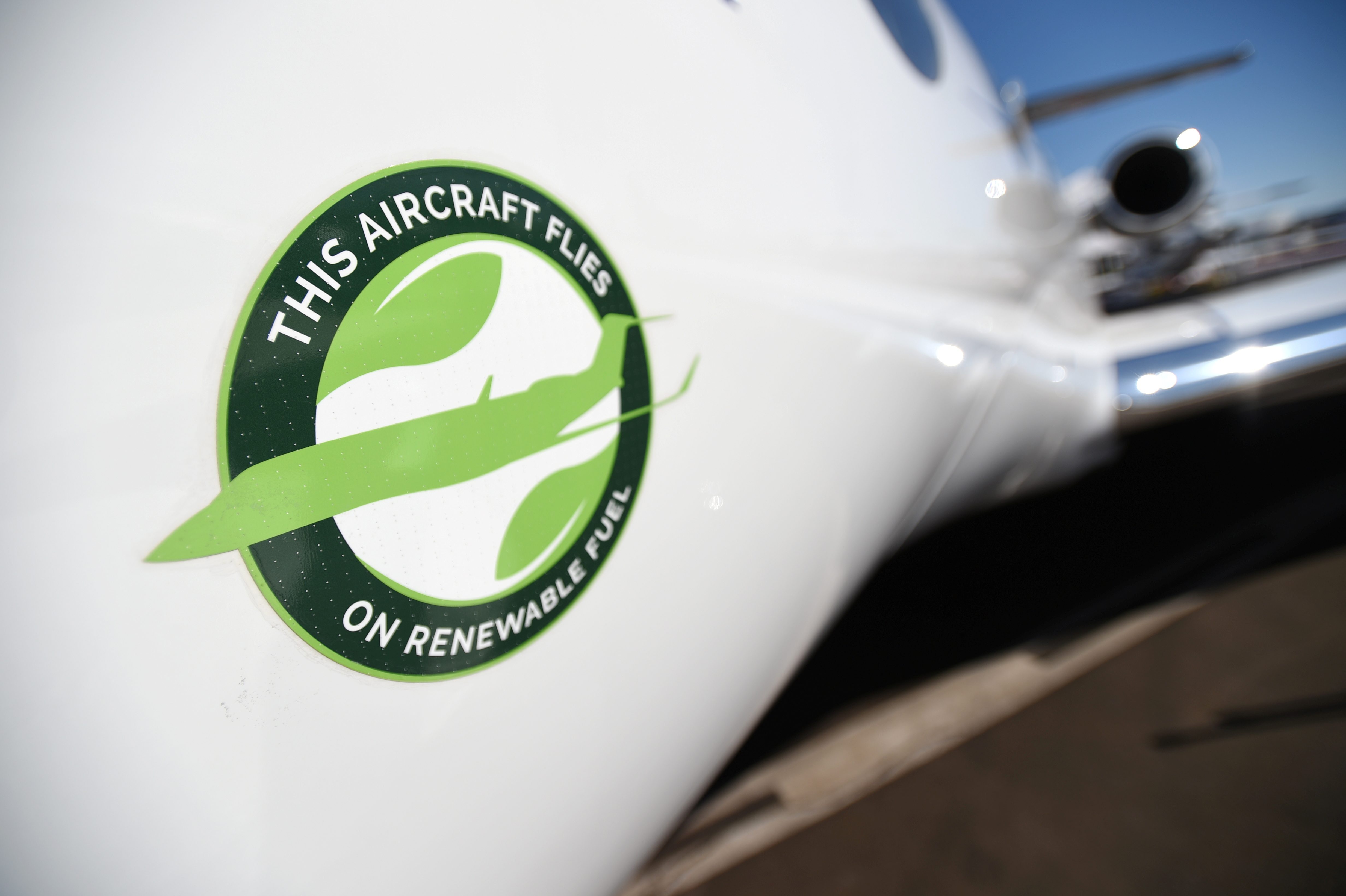 A decal stating "This Aircraft Flies On Renewable Fuel" is seen on on a Gulfstream 650ER business jet at the National Business Aviation Association (NBAA) exhibition in Las Vegas