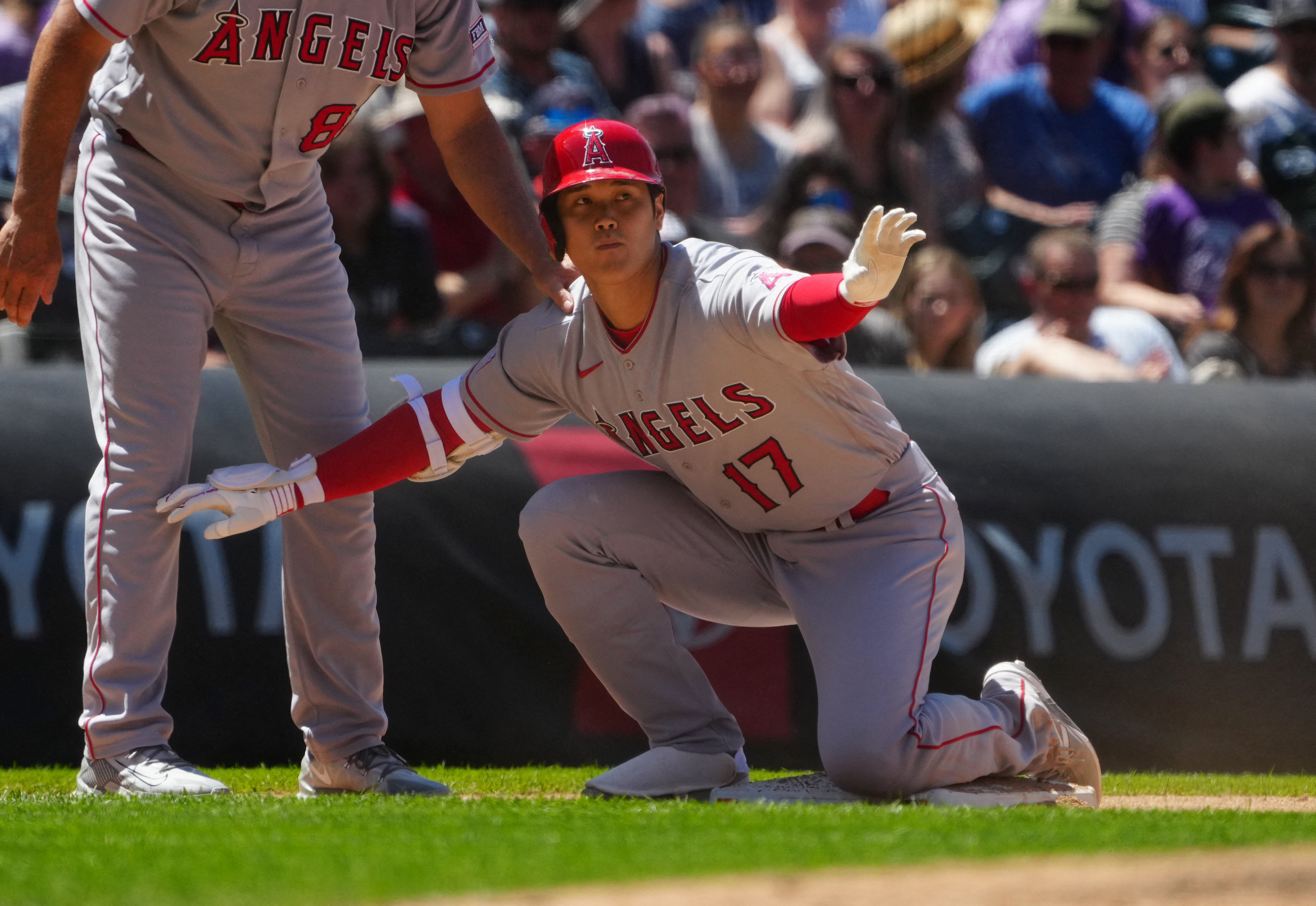 Colorado Rockies designated hitter, Jorge Alfaro (38) waits for the pitch  in an MLB baseball game against the Los Angeles Angels.The Angels defeated  the Rockies 4-3 in Denver on Sunday, June 25