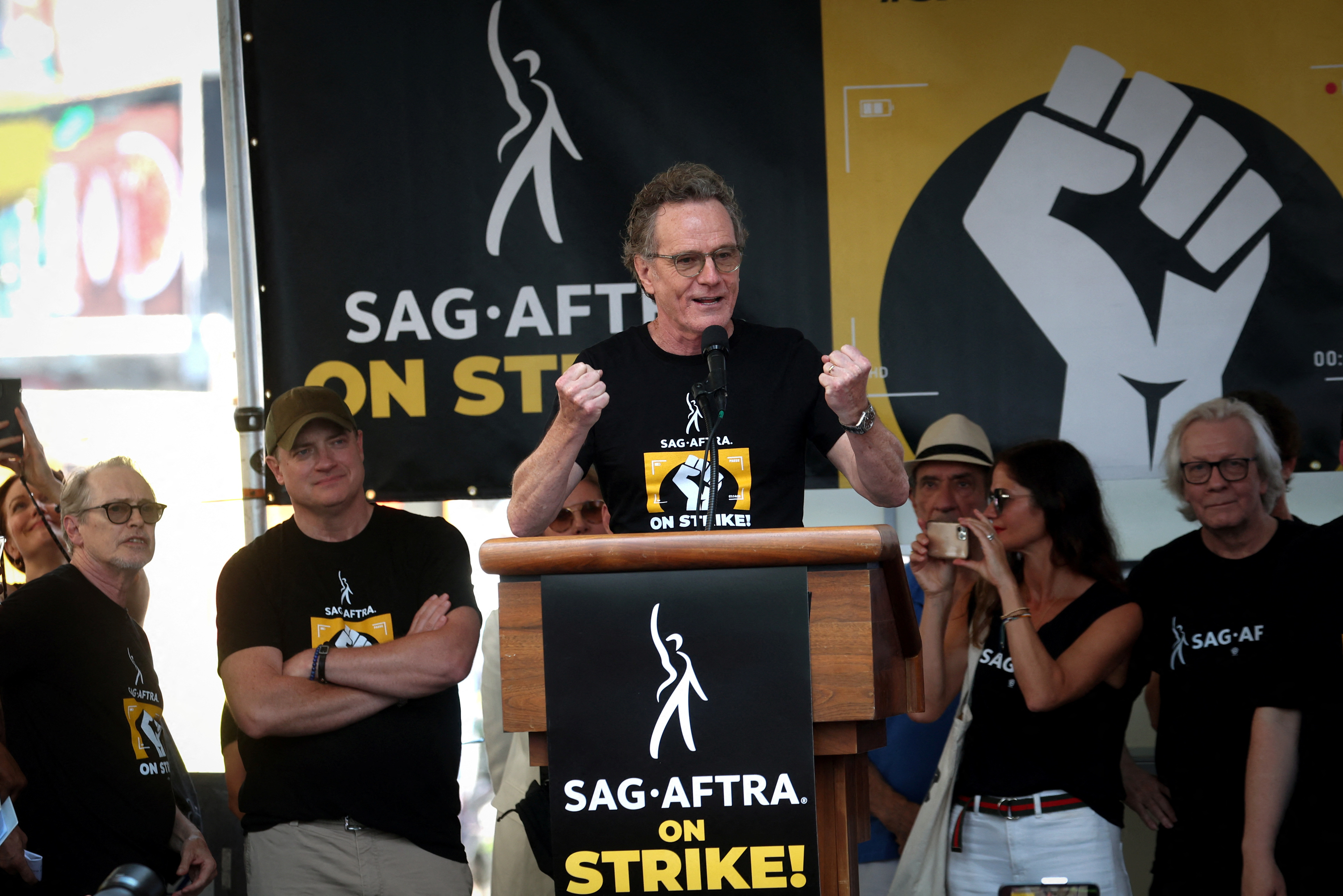 SAG-AFTRA actors at a strike rally in Times Square in New York