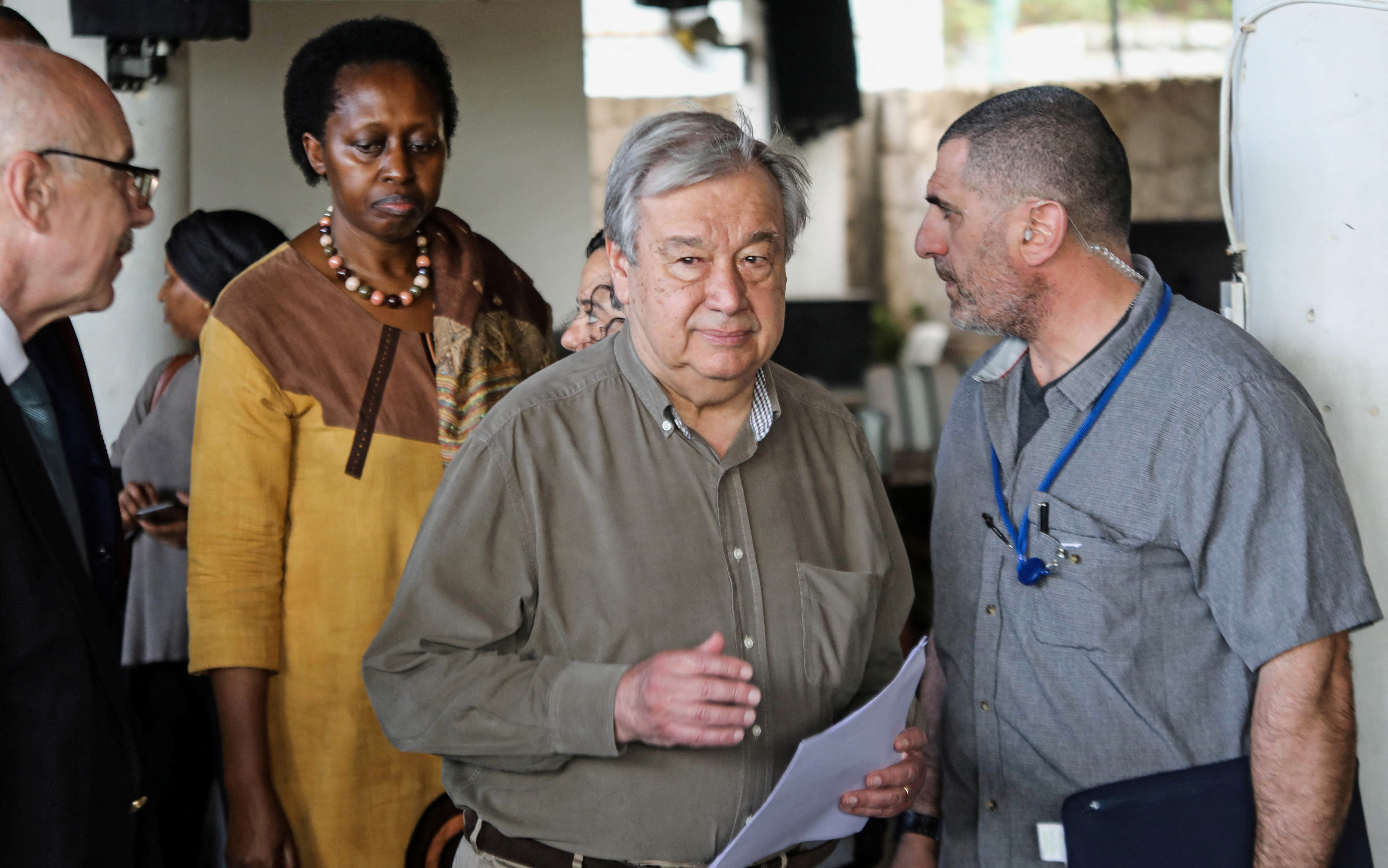 U.N. Secretary-General Antonio Guterres attends a news conference at the U.N. Base in Halane Mogadishu