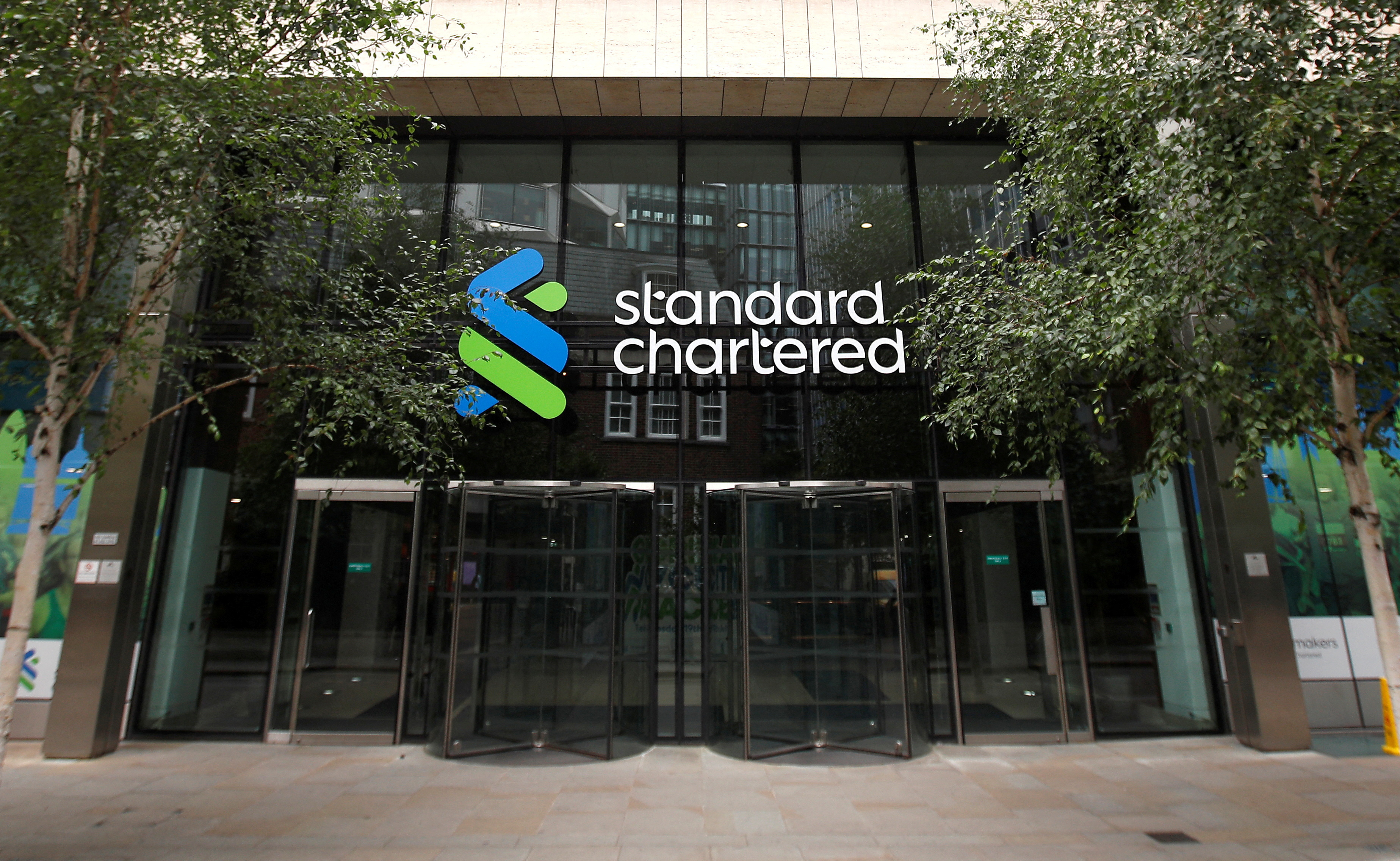 The Standard Chartered logo is seen at the bank's headquarters in London