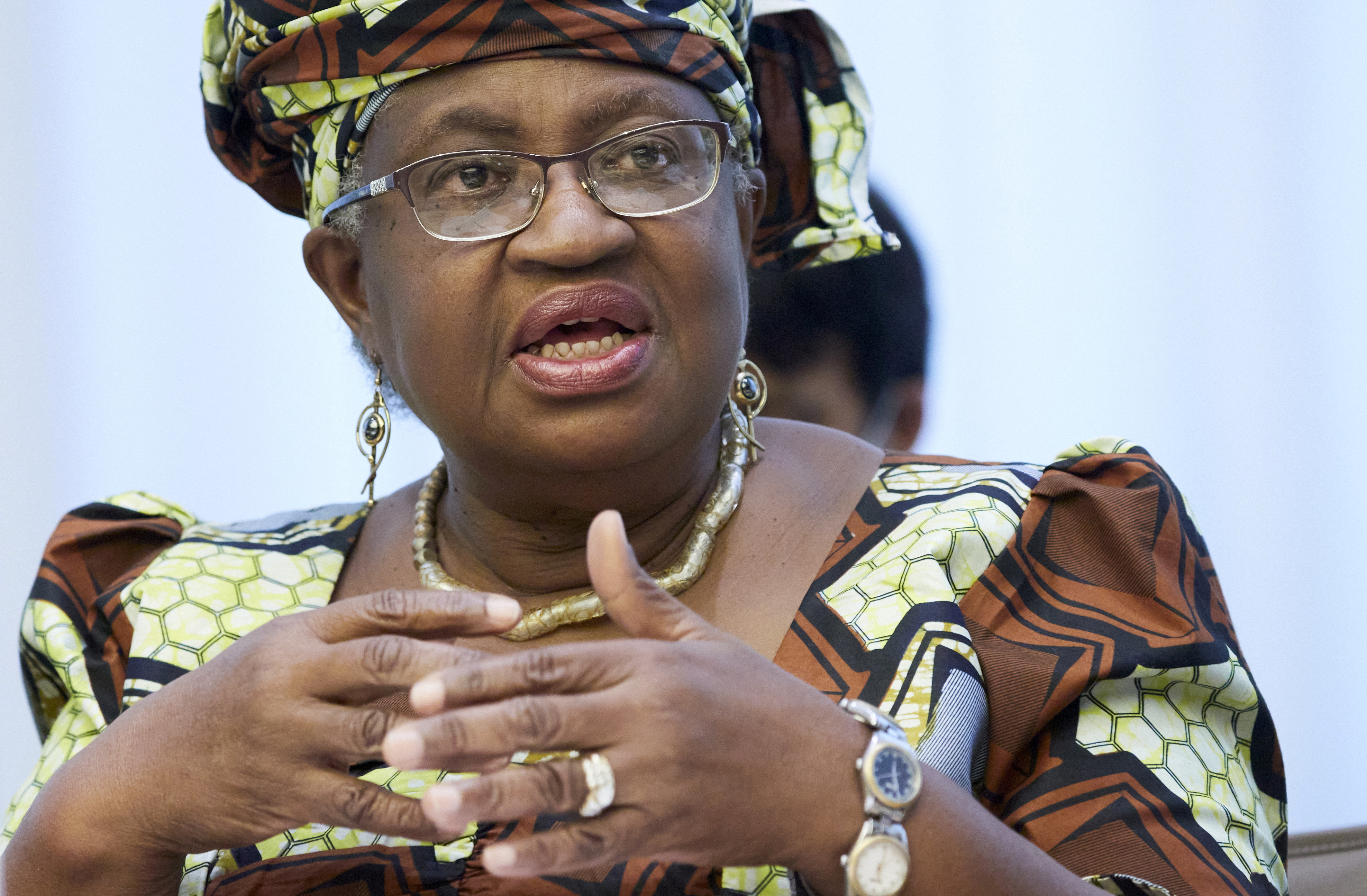 WTO director-general Ngozi Okonjo-Iweala attends a news conference in Geneva