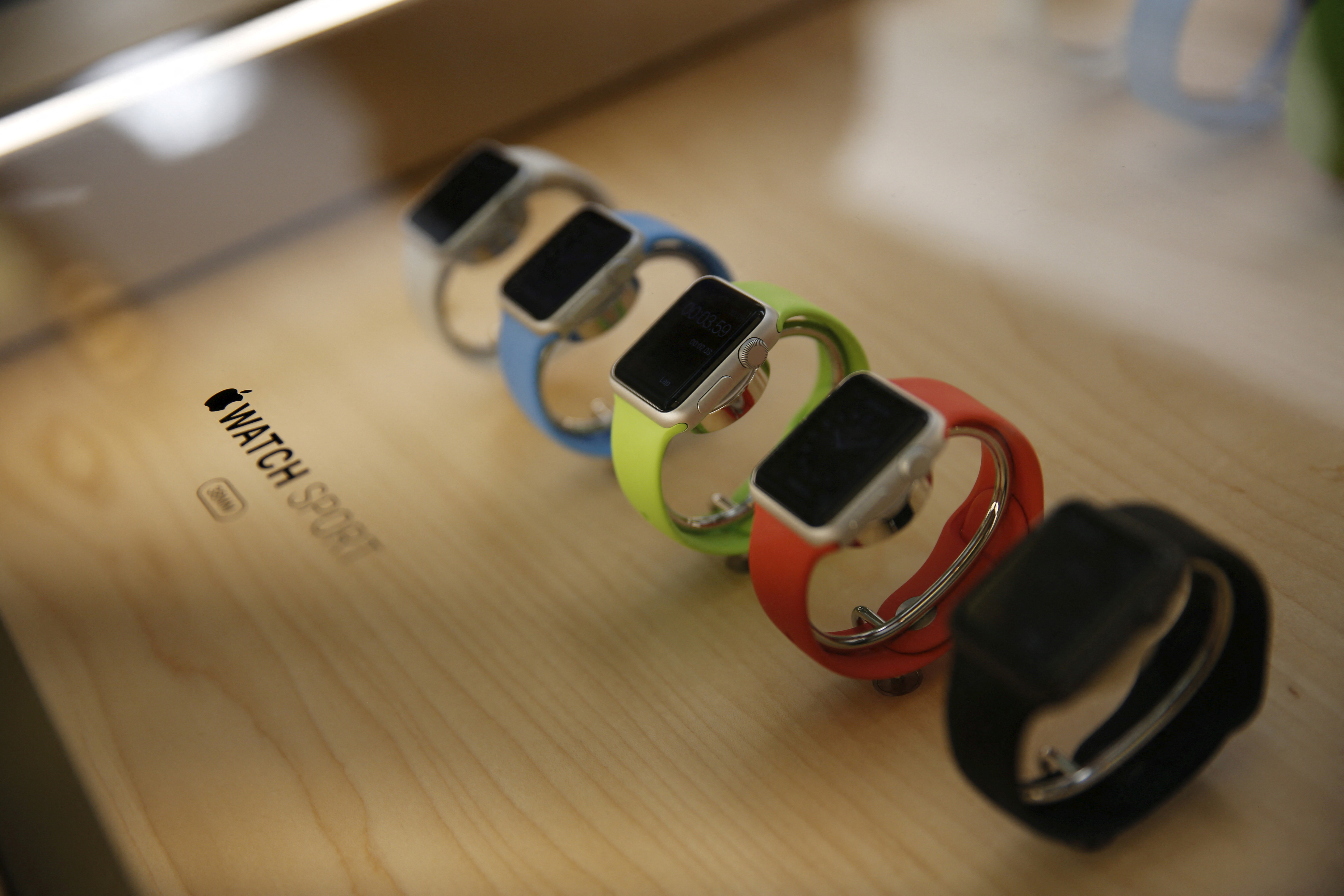 A display case containing the Apple Watch Sport is seen at Apple's flagship retail store in San Francisco