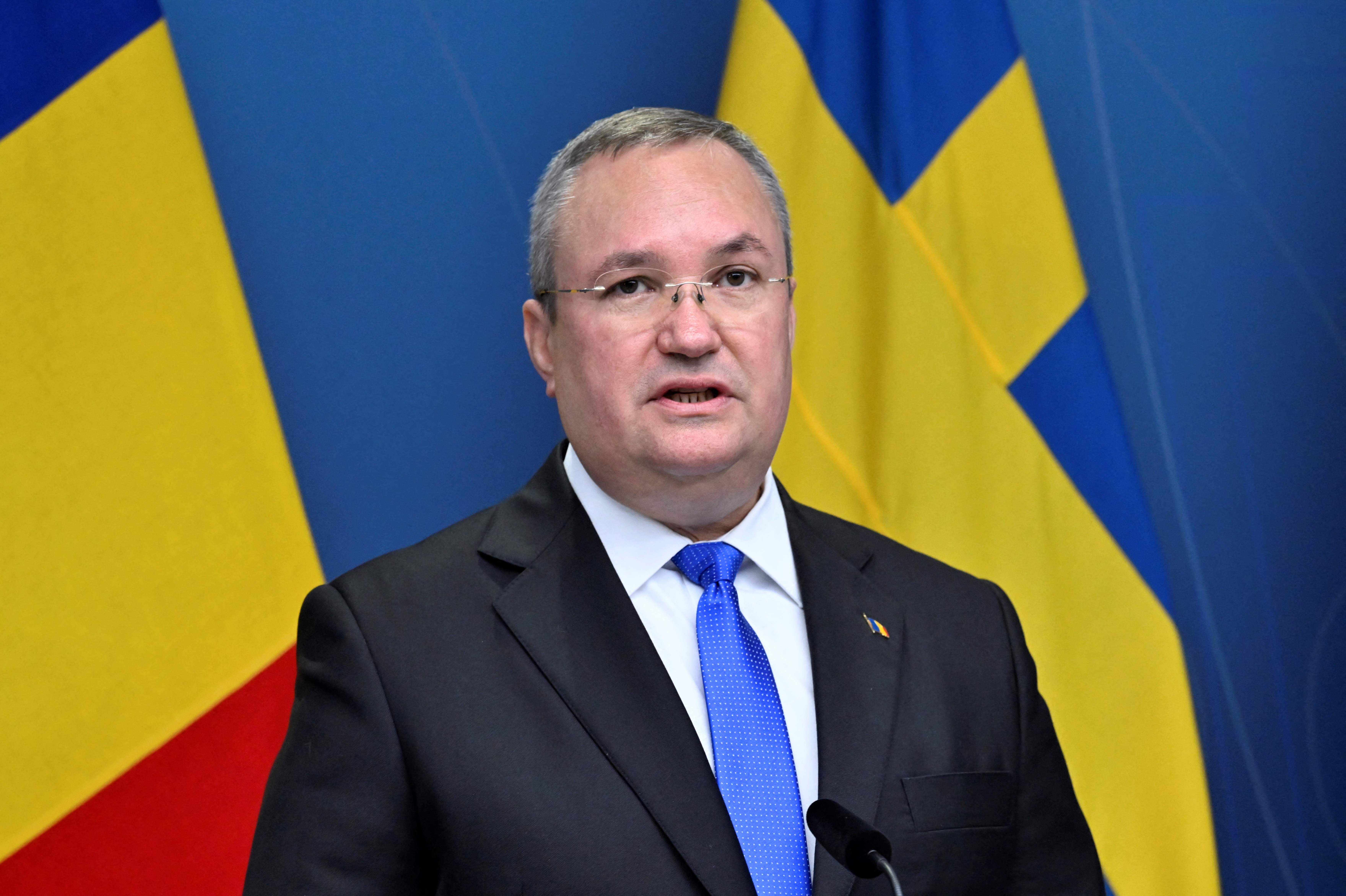 Premierul român Nicolae Ciucă și premierul suedez Ulf Kristersson în cadrul unei conferințe de presă privind ajutorul pentru Ucraina și securitatea în Uniunea Europeană, la Stockholm