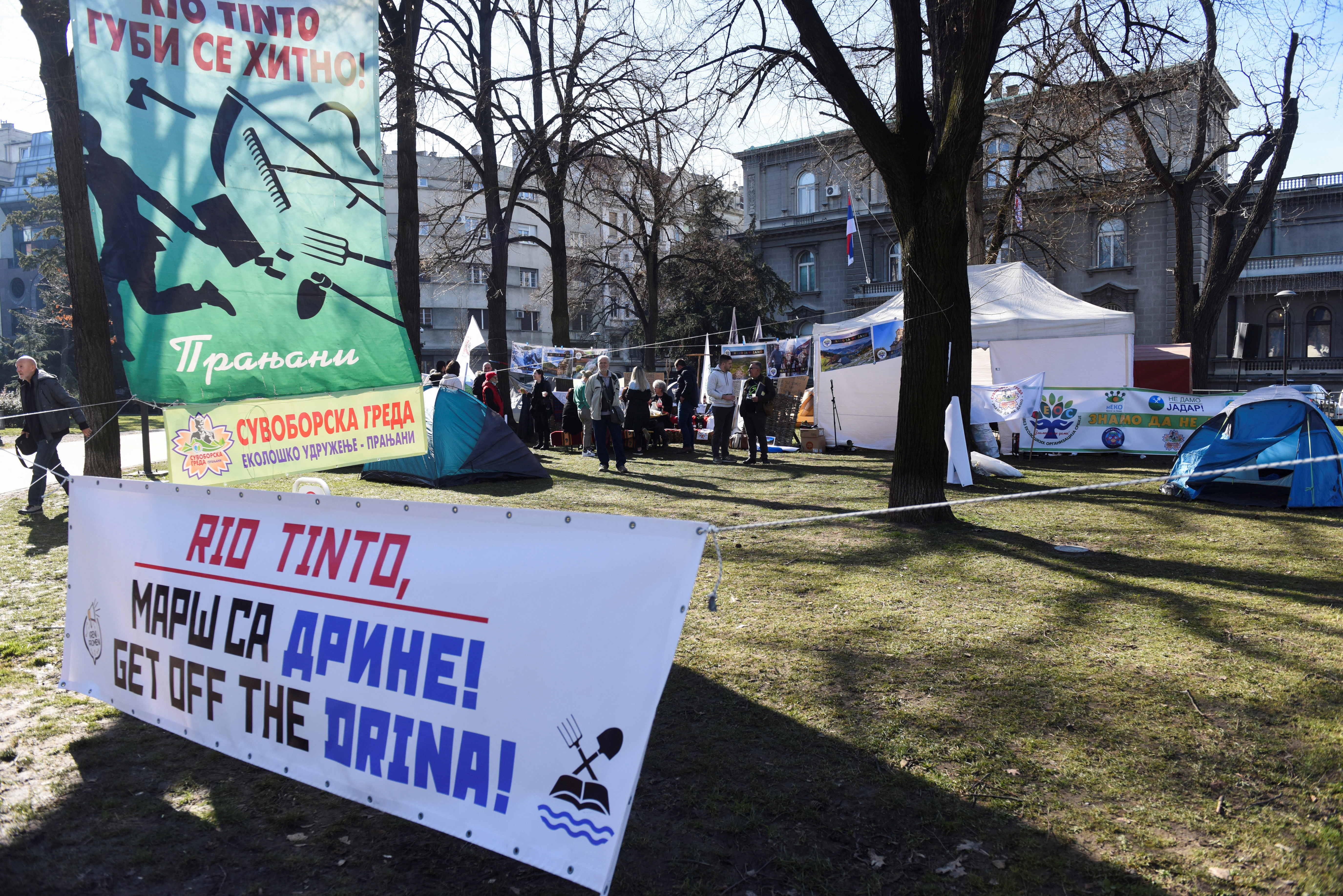 Activists set up tents demanding ban on lithium exploitation, in Belgrade