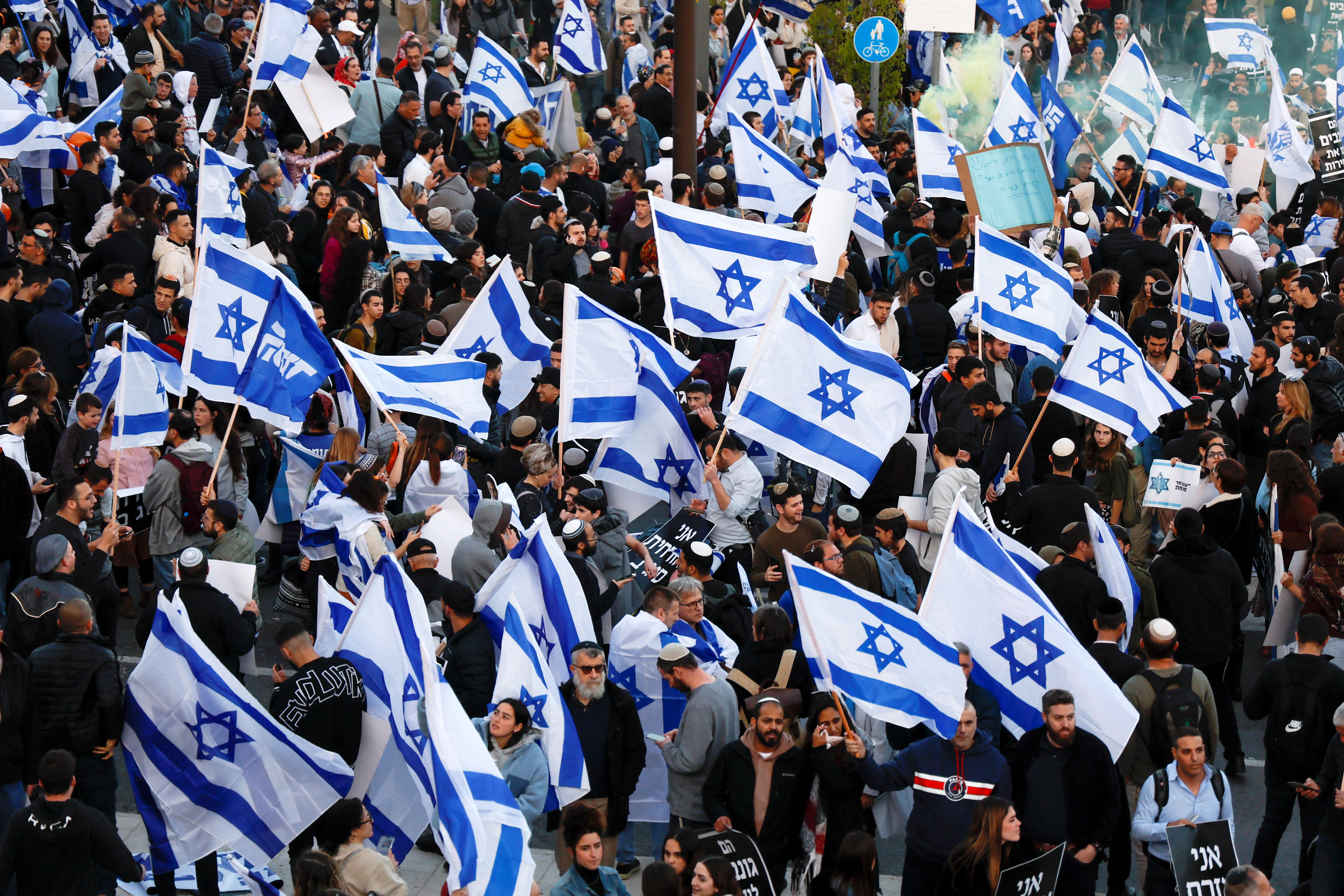 Demonstrators come out in support of Israel's nationalist coalition government and its plans for a judicial overhaul, in Jerusalem