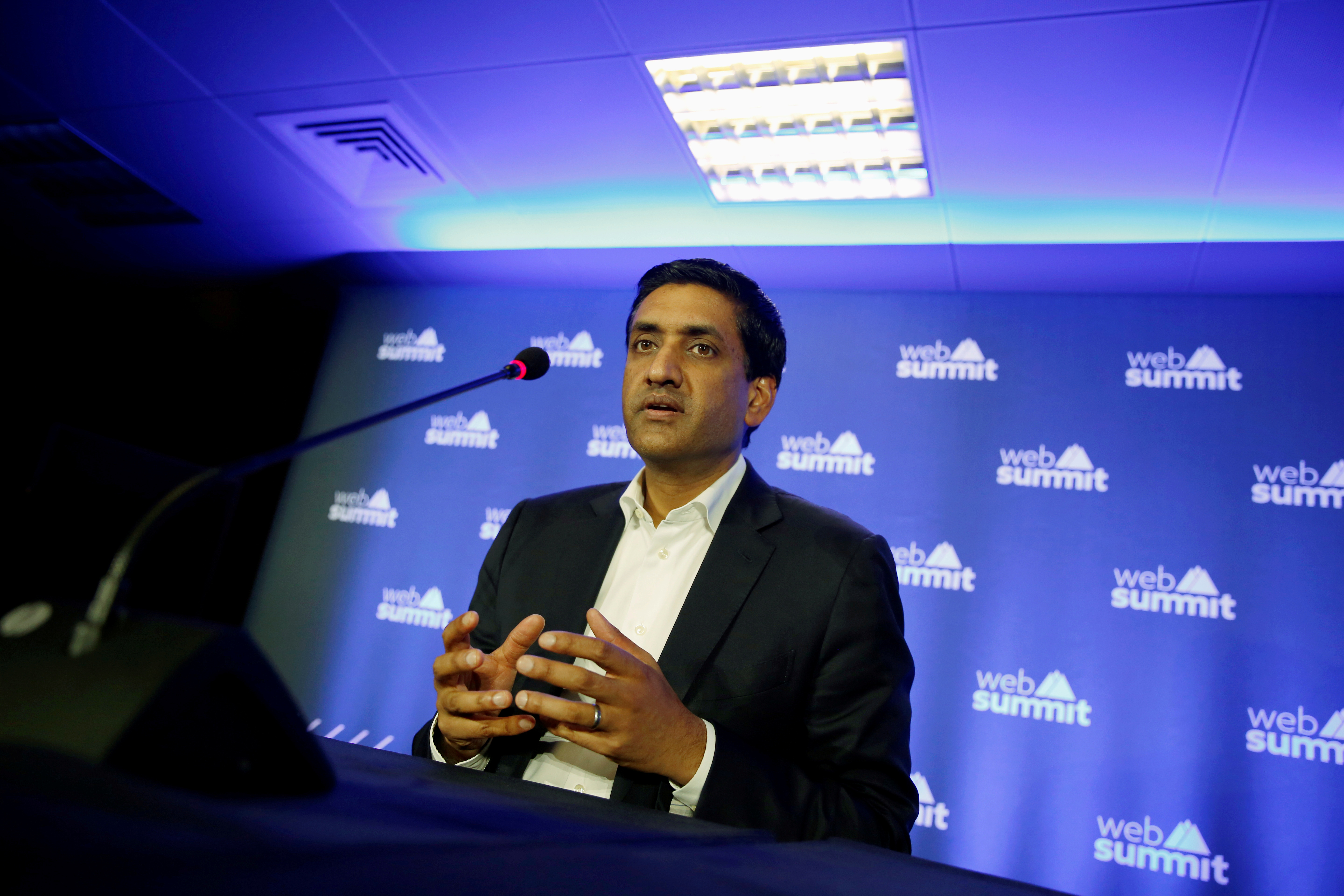 US Democratic Representative Ro Khanna, vice chair of the 98-member Congressional Progressive Caucus, holds a news conference during Web Summit, in Lisbon