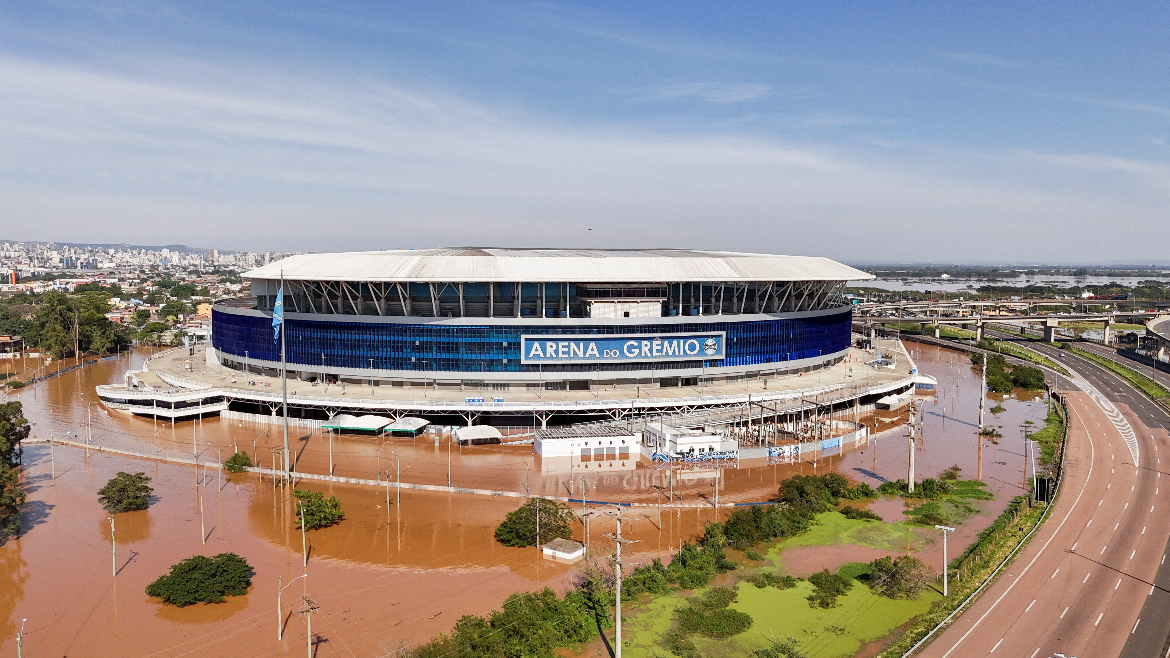 Flooded Arena Gremio stadium in Porto Alegre